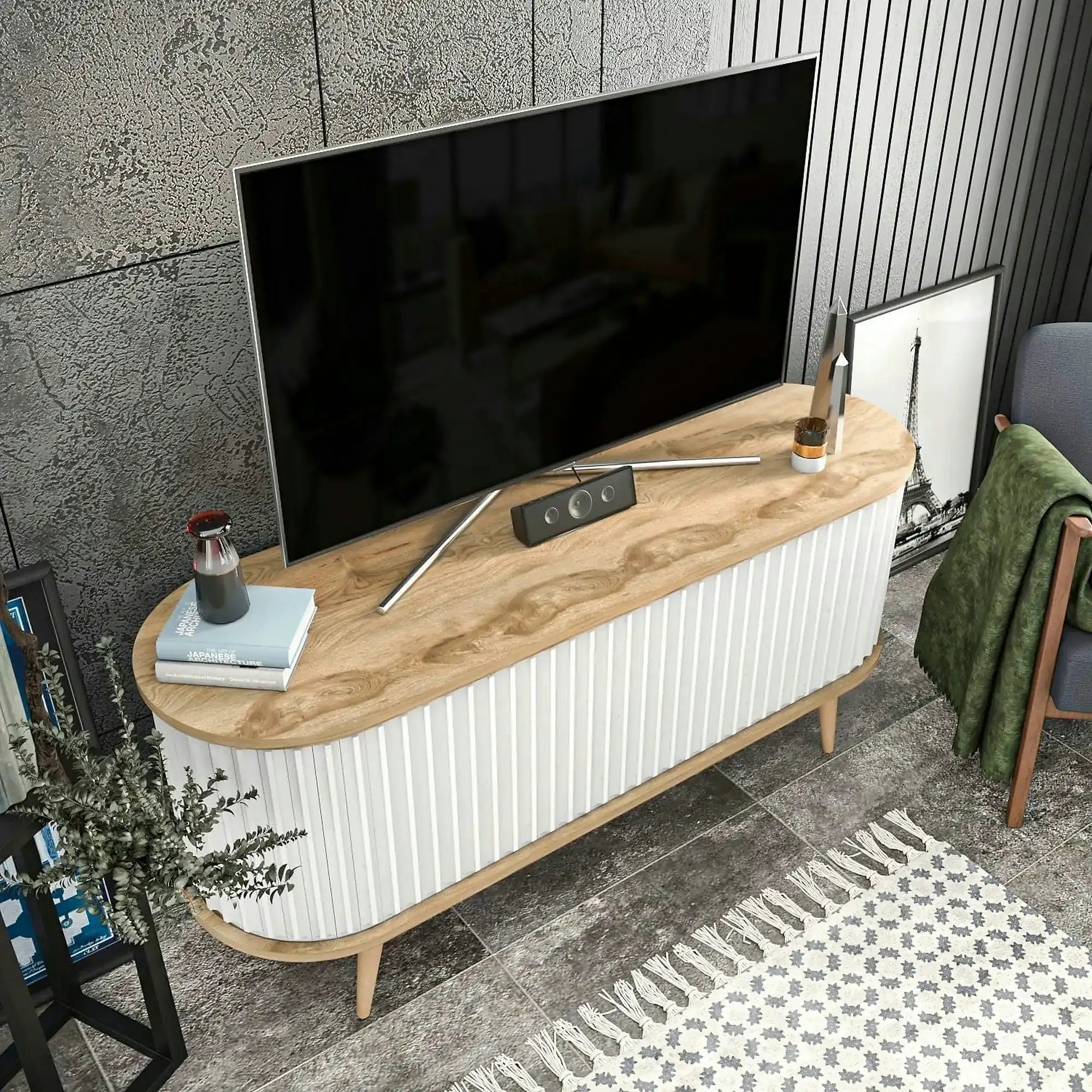 Comoda TV STOR, alb/stejar, PAL melaminat, 140x43x64 cm