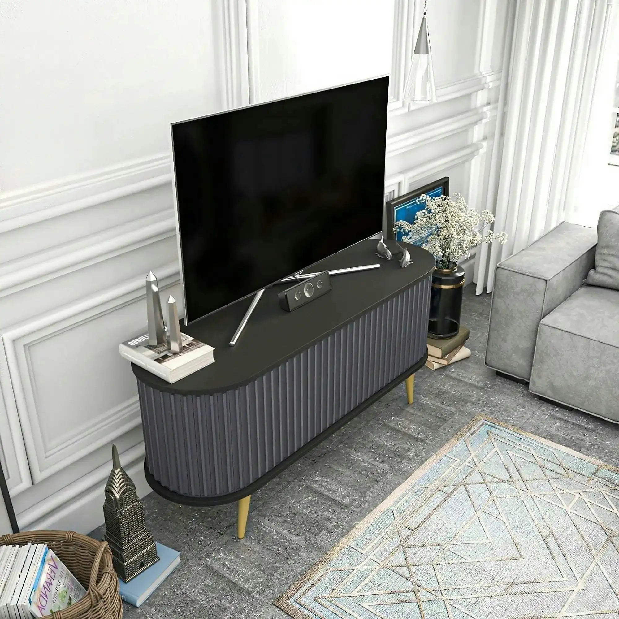 Comoda TV STOR, gri/negru, PAL melaminat, 140x43x64 cm