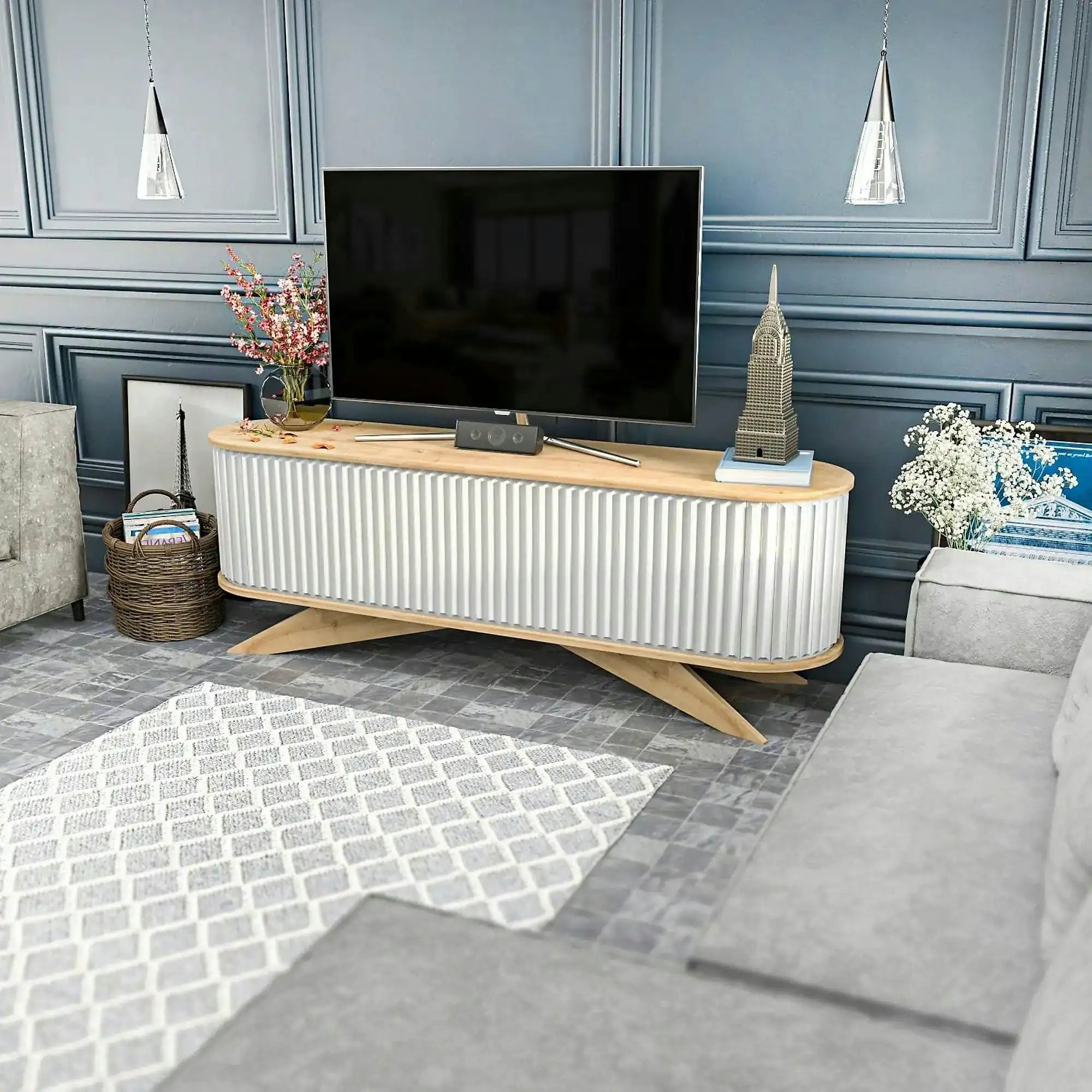 Comoda TV STOR, stejar/alb, PAL melaminat, 180x43x60 cm