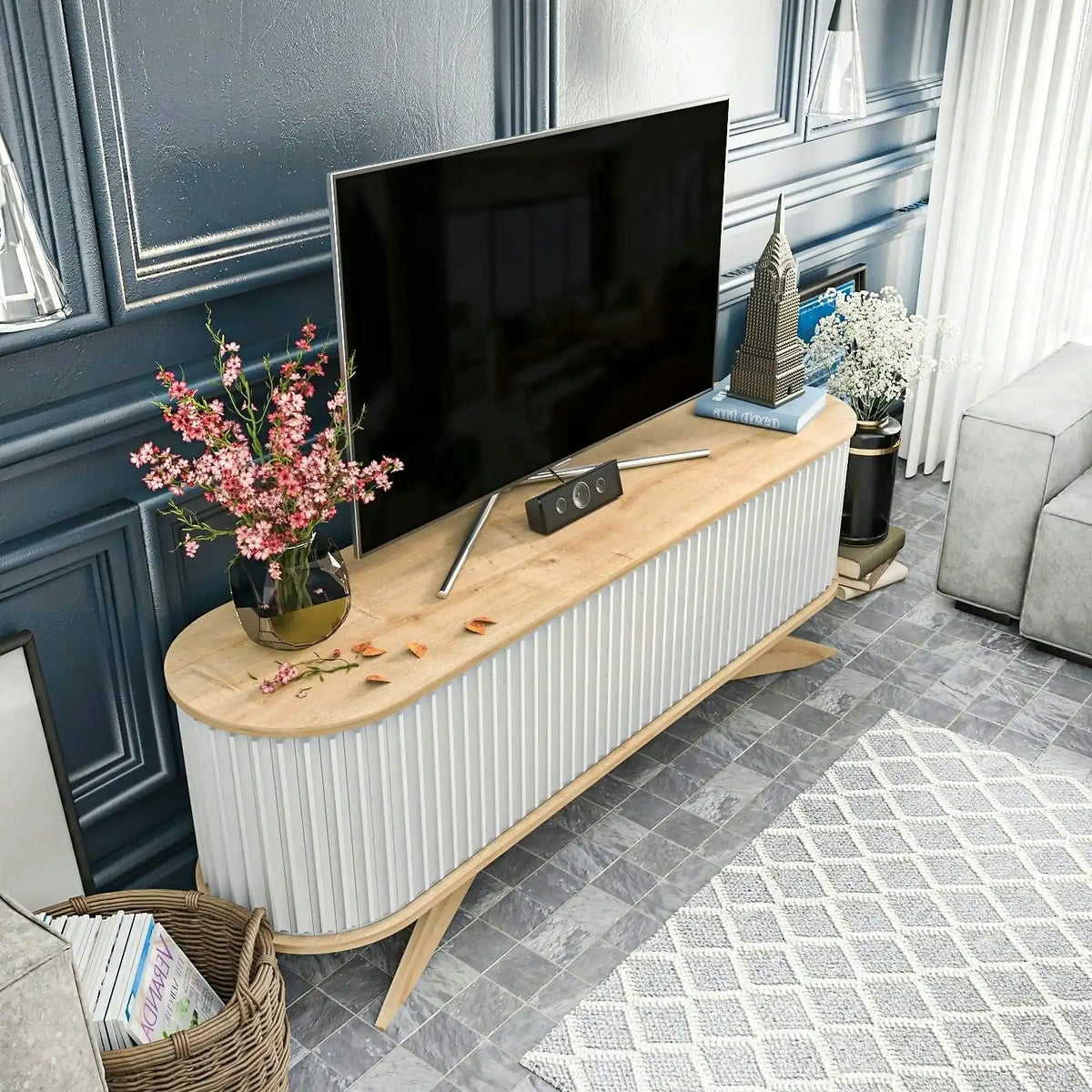 Comoda TV STOR, stejar/alb, PAL melaminat, 180x43x60 cm