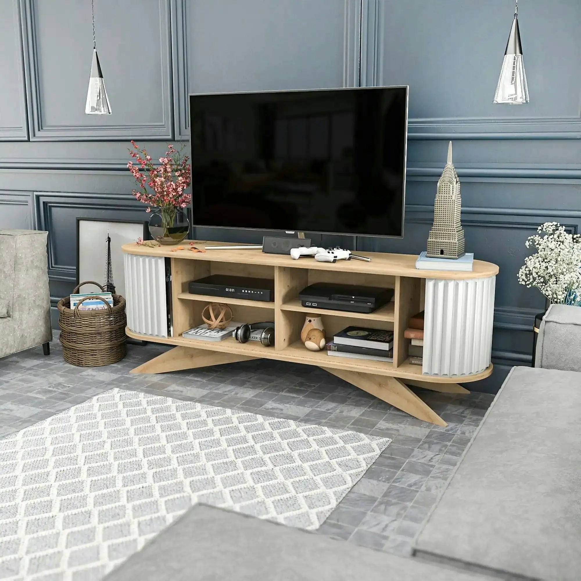 Comoda TV STOR, stejar/alb, PAL melaminat, 180x43x60 cm