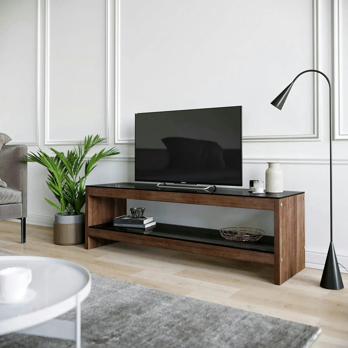Comoda TV TV301, nuc, lemn/sticla, 140x40x45 cm