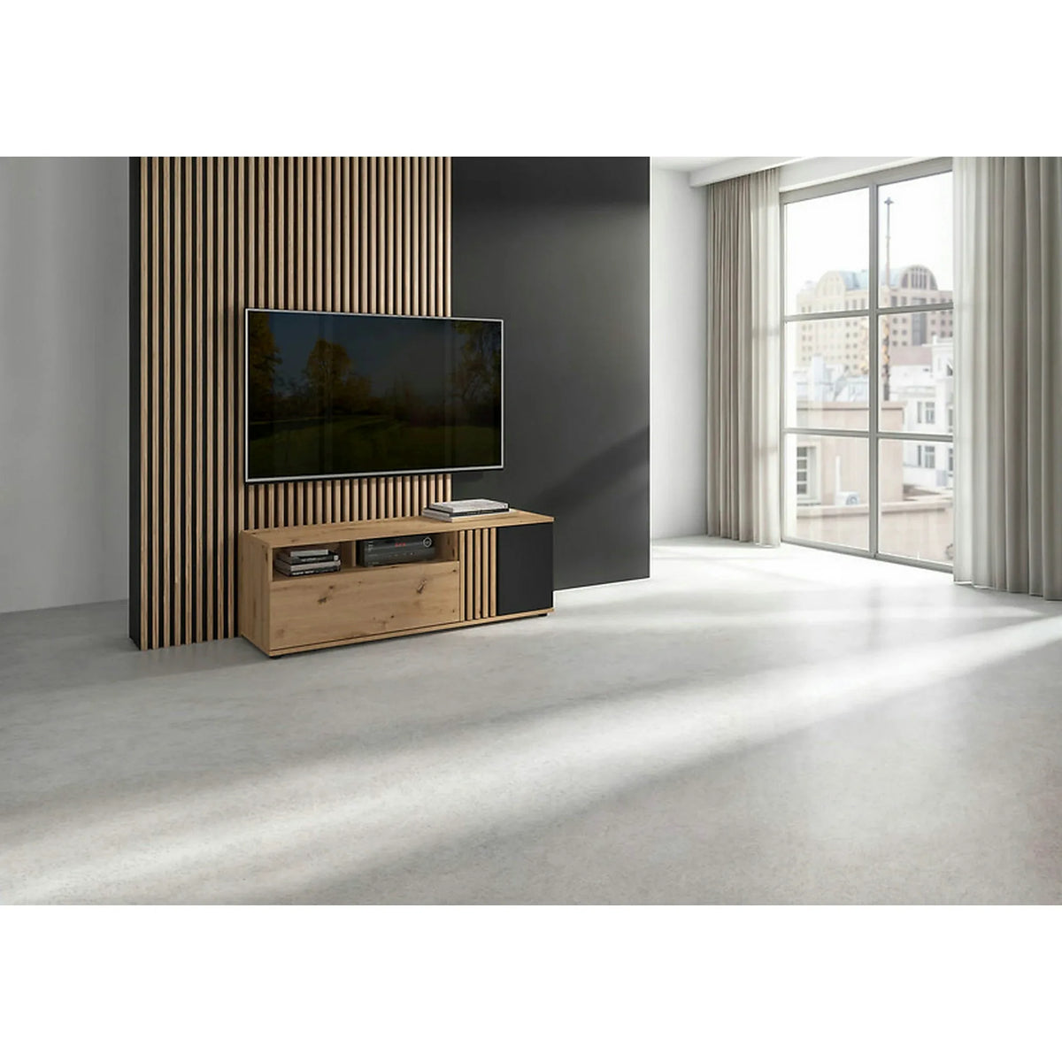 Comoda TV VABRES, stejar artisan/negru mat, PAL laminat, 136x40x47 cm