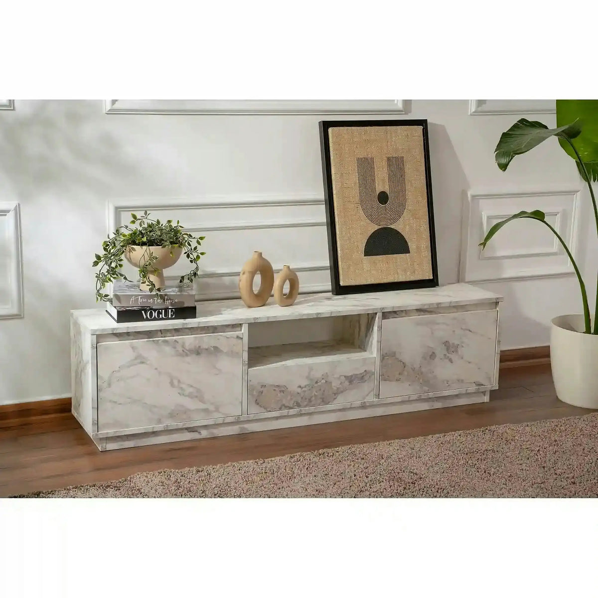Comoda TV VANGUARD, alb cu efect de marmura, PAL, 160x30x42 cm