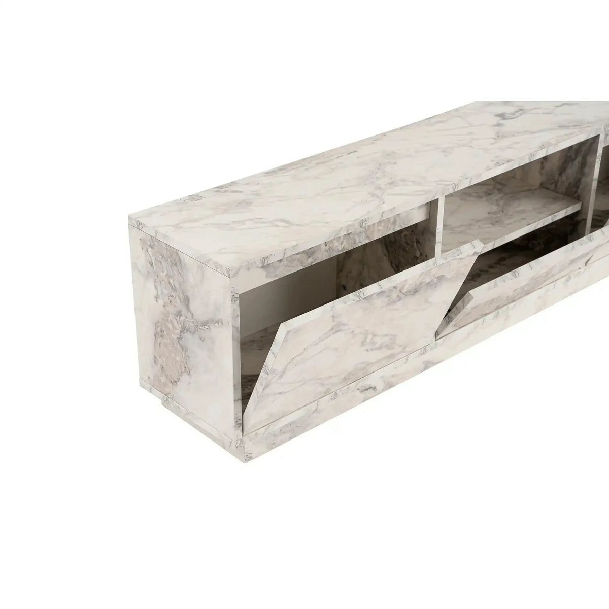 Comoda TV VANGUARD, alb cu efect de marmura, PAL, 160x30x42 cm