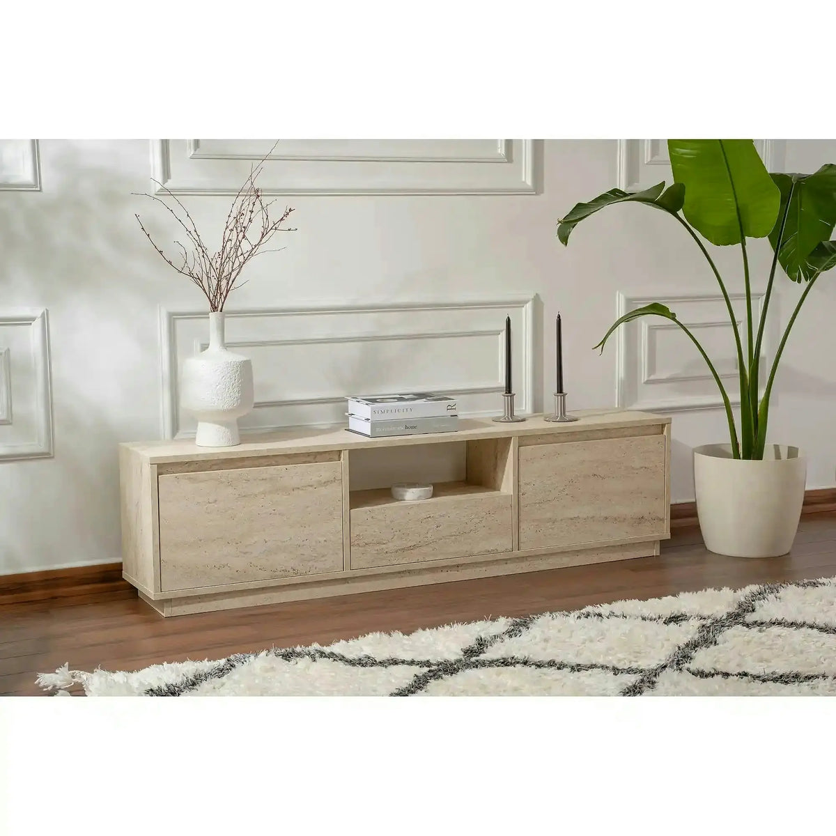 Comoda TV VANGUARD, bej cu efect de piatra travertin, PAL, 160x30x42 cm
