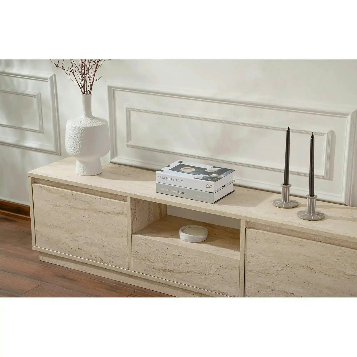 Comoda TV VANGUARD, bej cu efect de piatra travertin, PAL, 160x30x42 cm
