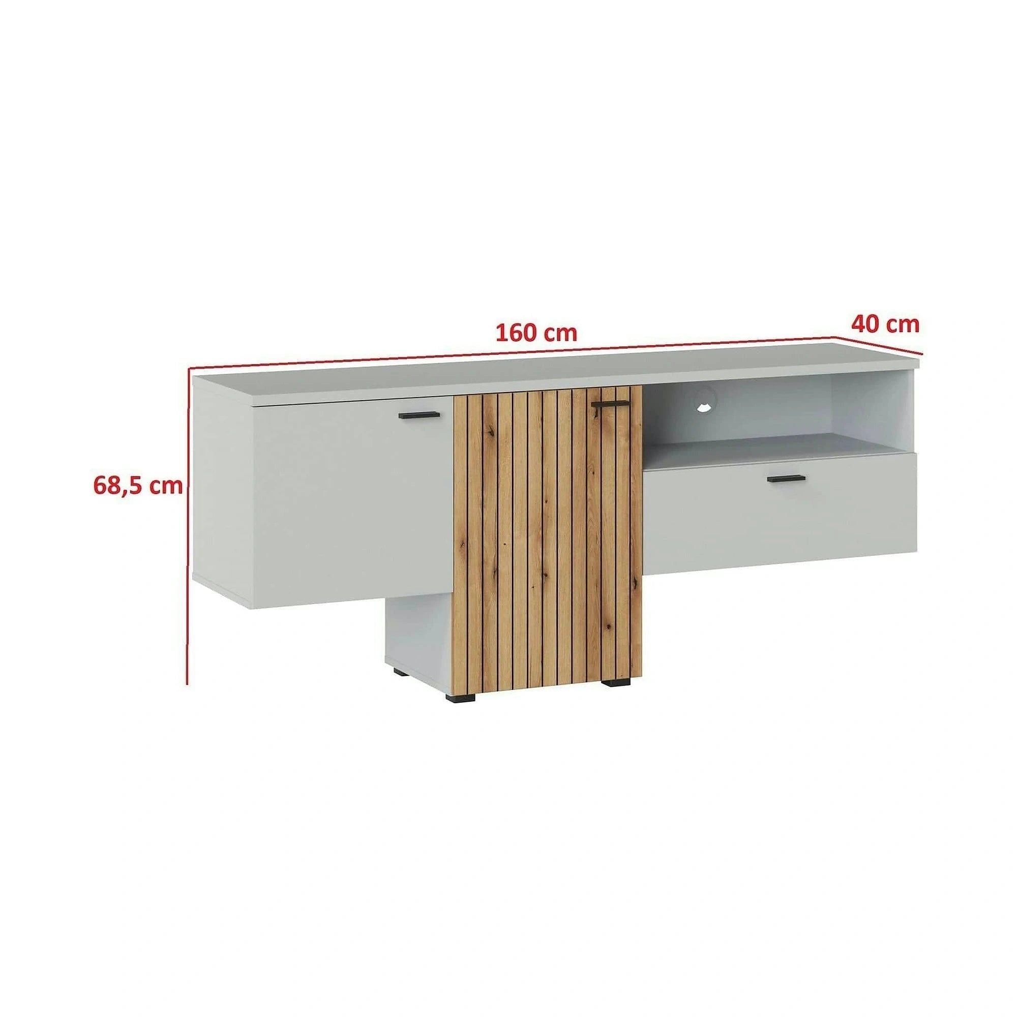 Comoda TV VERO, alb/stejar, PAL laminat, 160x40x69 cm