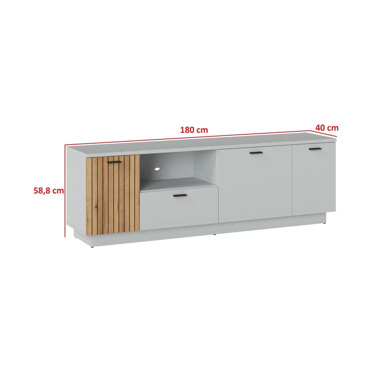 Comoda TV VERO, alb/stejar, PAL laminat, 180x40x59 cm