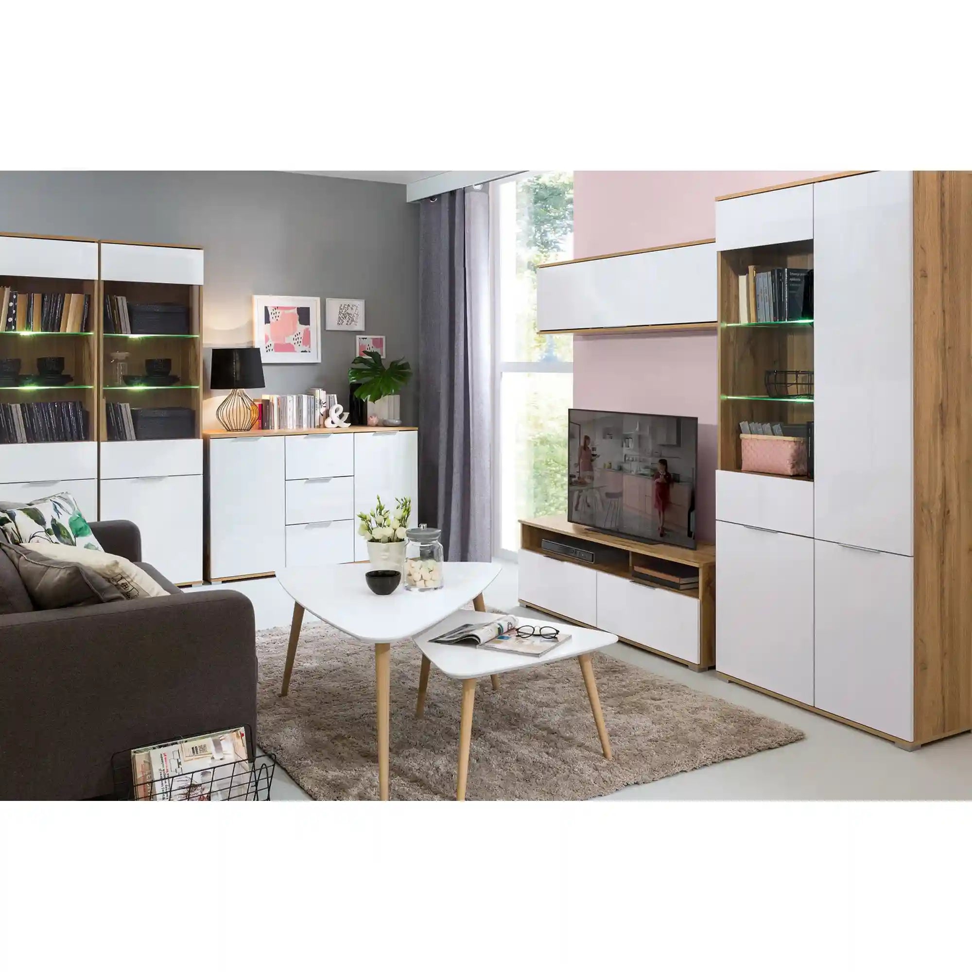 Comoda TV ZELE, stejar wotan/alb lucios, PAL laminat, 135x41x45 cm