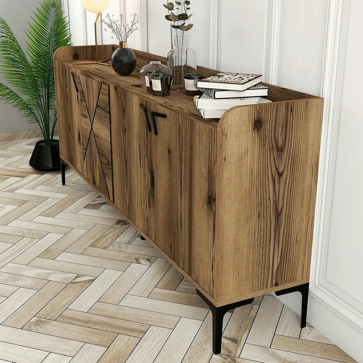 Comoda Venedik, nuc/negru, PAL melaminat/metal, 180x35x78 cm