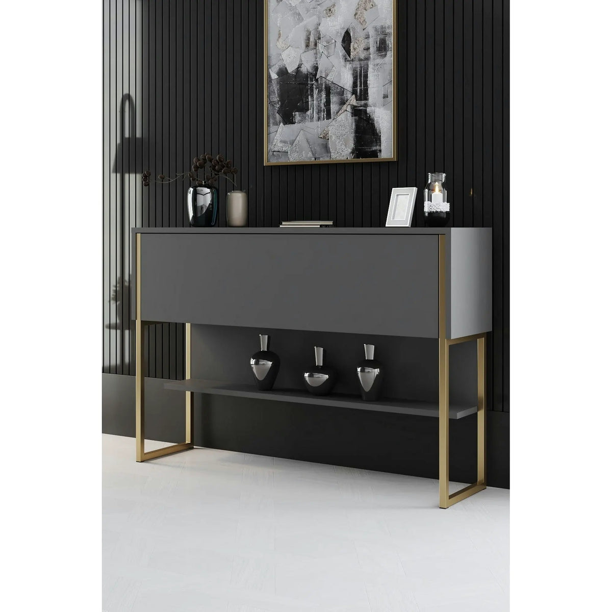 Consola LUXE, gri antracit/auriu, PAL melaminat/metal, 120x30x80 cm