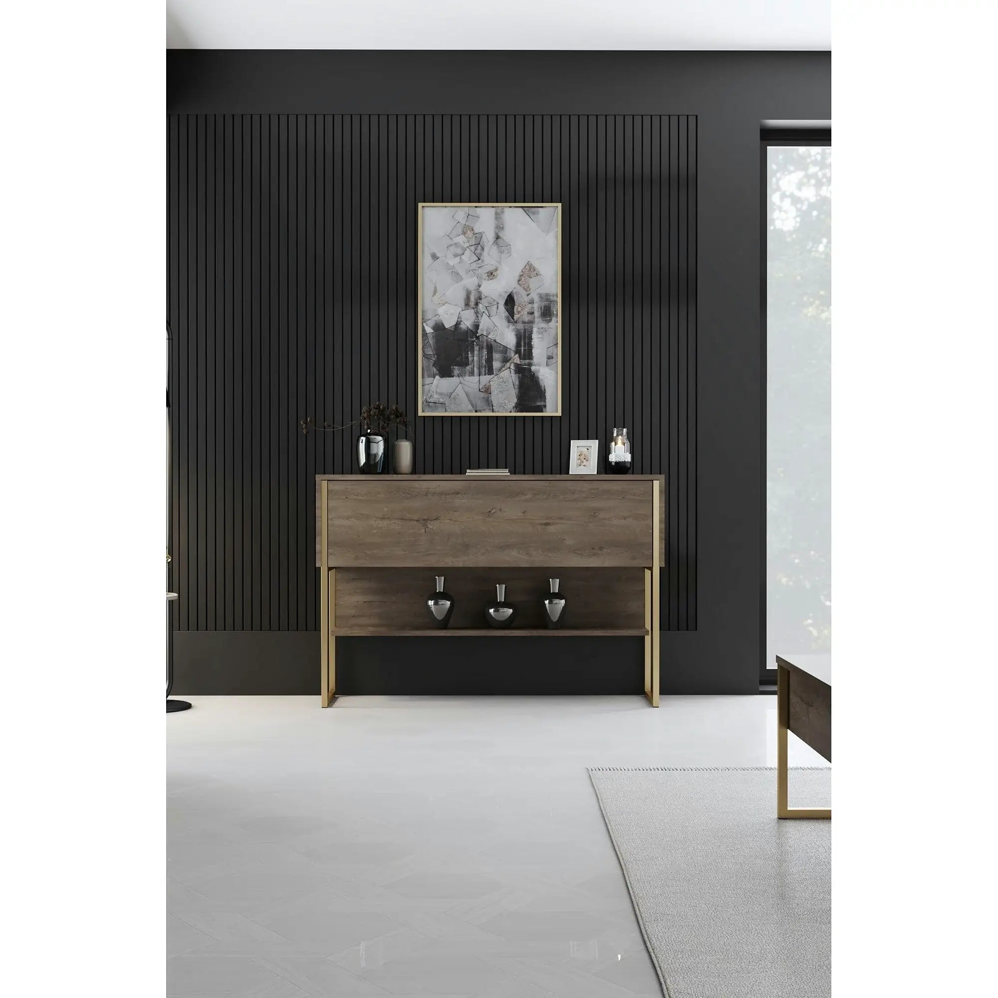 Consola LUXE, stejar canyon/auriu, PAL melaminat/metal, 120x30x80 cm