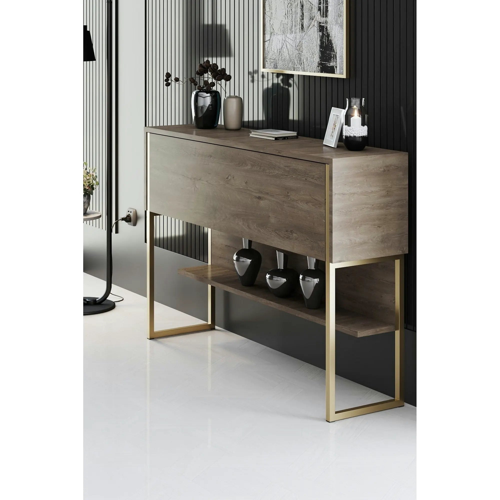 Consola LUXE, stejar canyon/auriu, PAL melaminat/metal, 120x30x80 cm