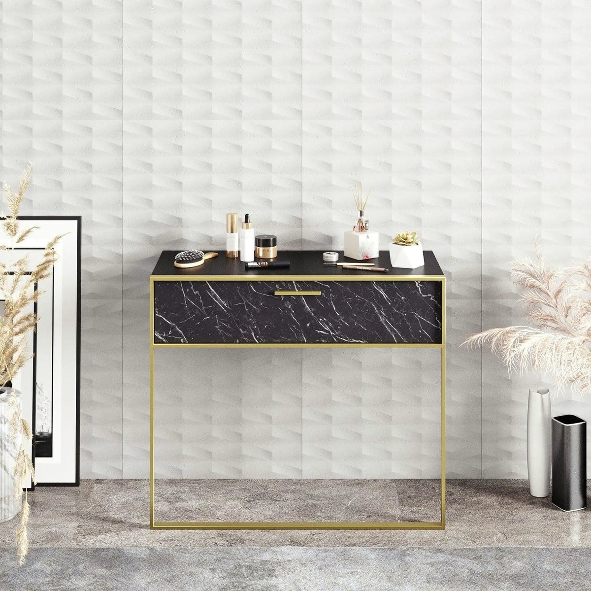 Consola POLKA, negru/auriu, PAL melaminat/metal, 90x39x77 cm