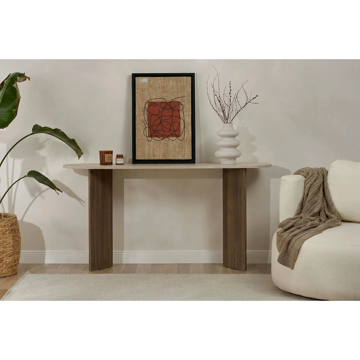 Consola SIRA, travertin/nuc, PAL melaminat, 150x35x75 cm