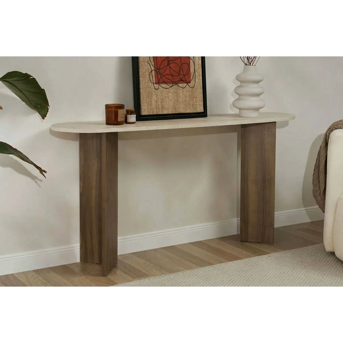 Consola SIRA, travertin/nuc, PAL melaminat, 150x35x75 cm