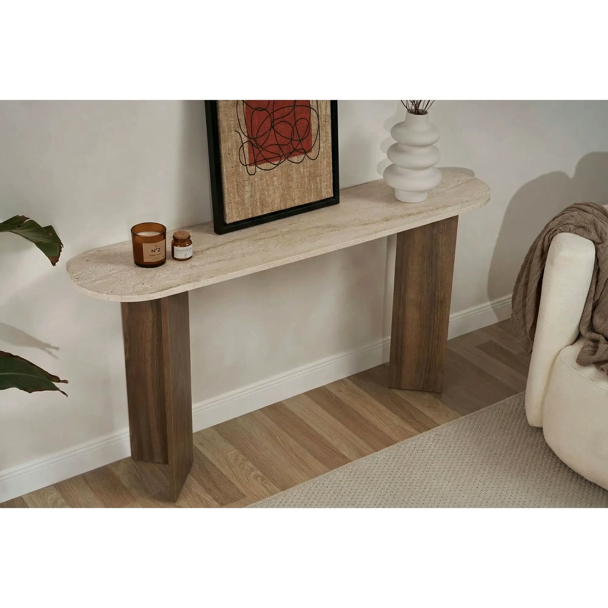 Consola SIRA, travertin/nuc, PAL melaminat, 150x35x75 cm