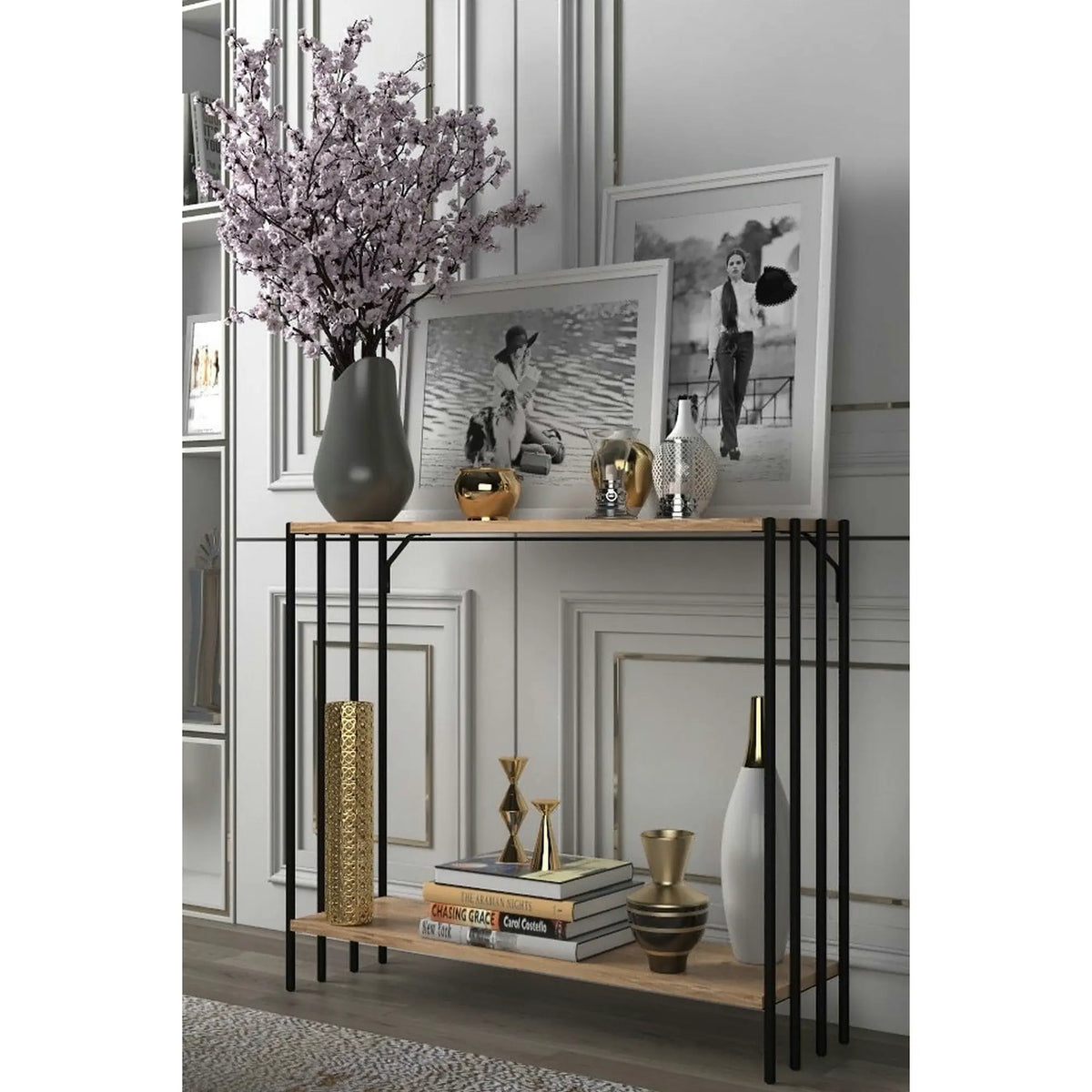 Consola VERONA, stejar/negru, PAL melaminat/metal, 90x26x74 cm