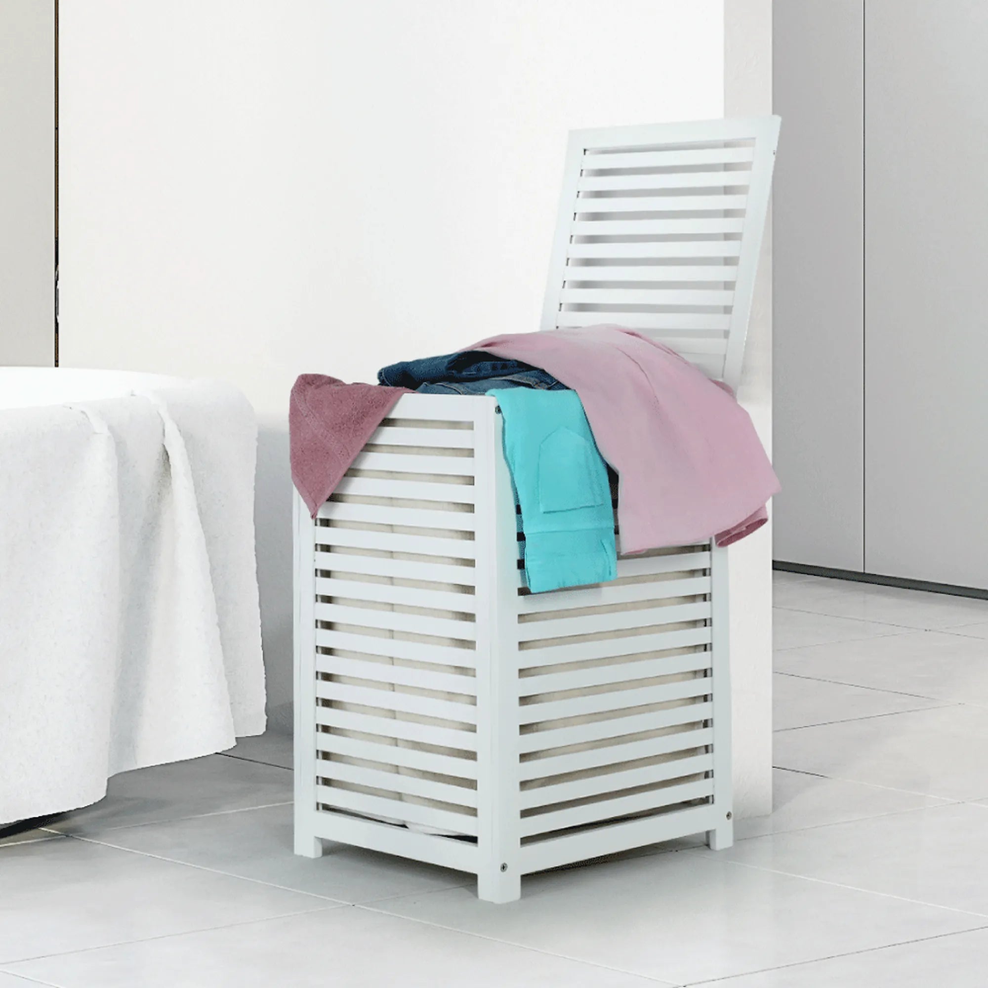 Cos de rufe BASKET, alb, bambus/material textil, 40x40x58 cm