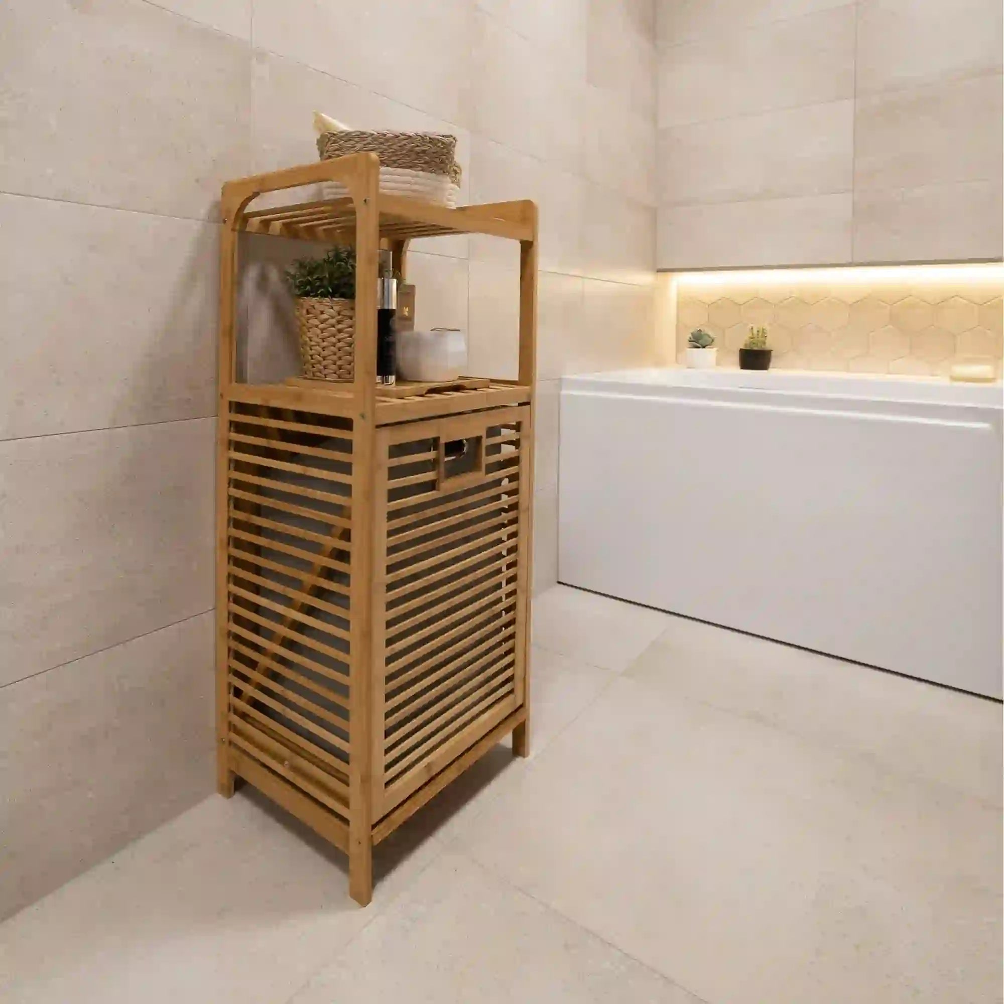 Cos de rufe KERI NEW, stejar auriu, bambus/material textil, 40x30x95 cm