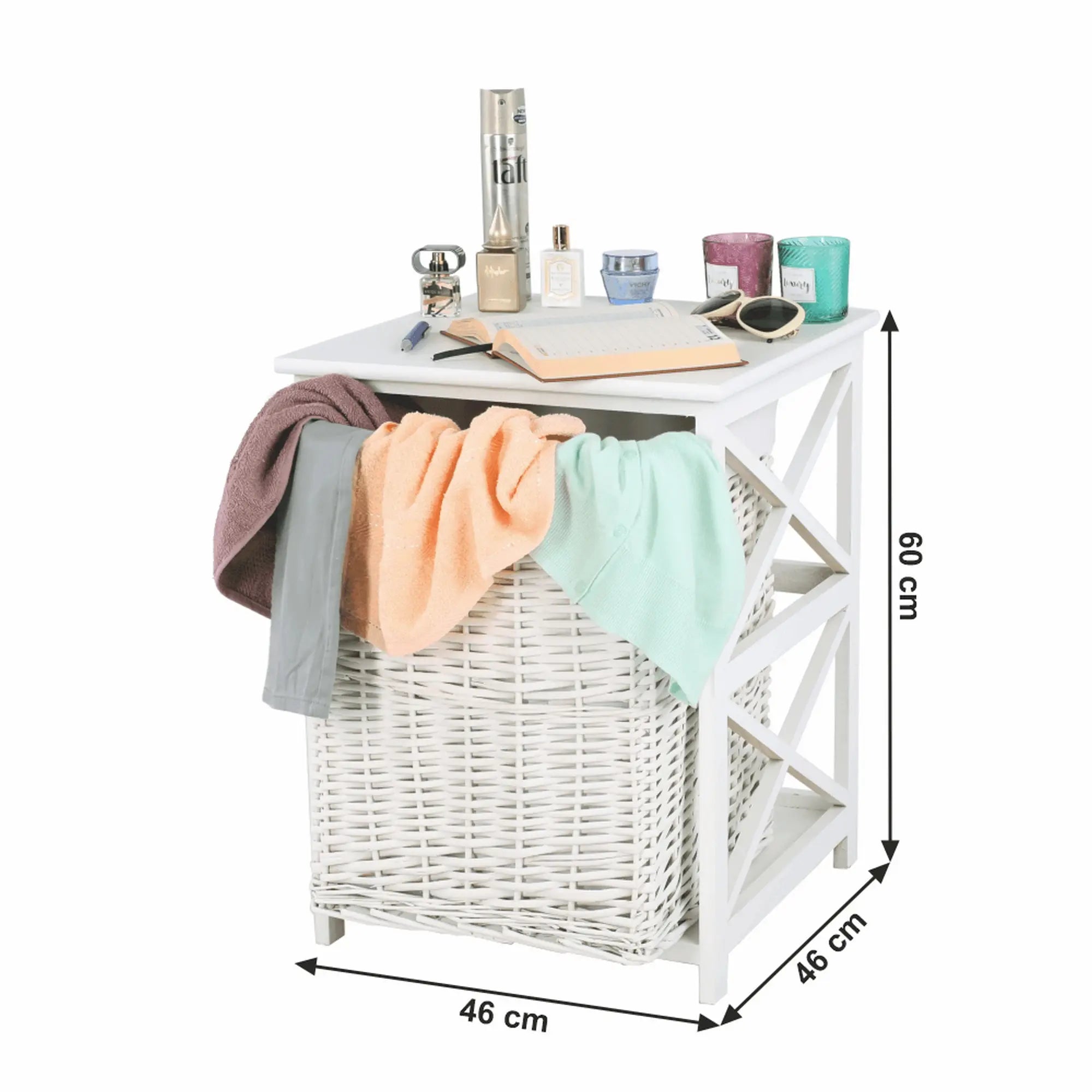 Cos de rufe RAFAELLO, alb, rachita/material textil, 46x46x60 cm