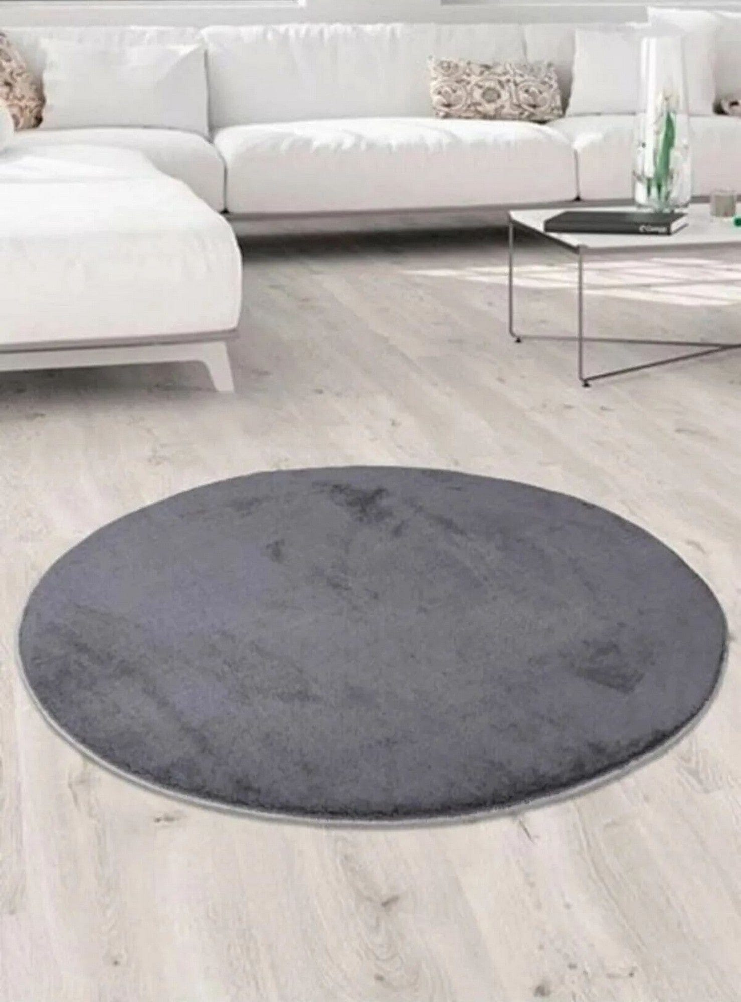 Covor 202BLY1364, 80x80 cm, forma rotunda, poliester, gri inchis