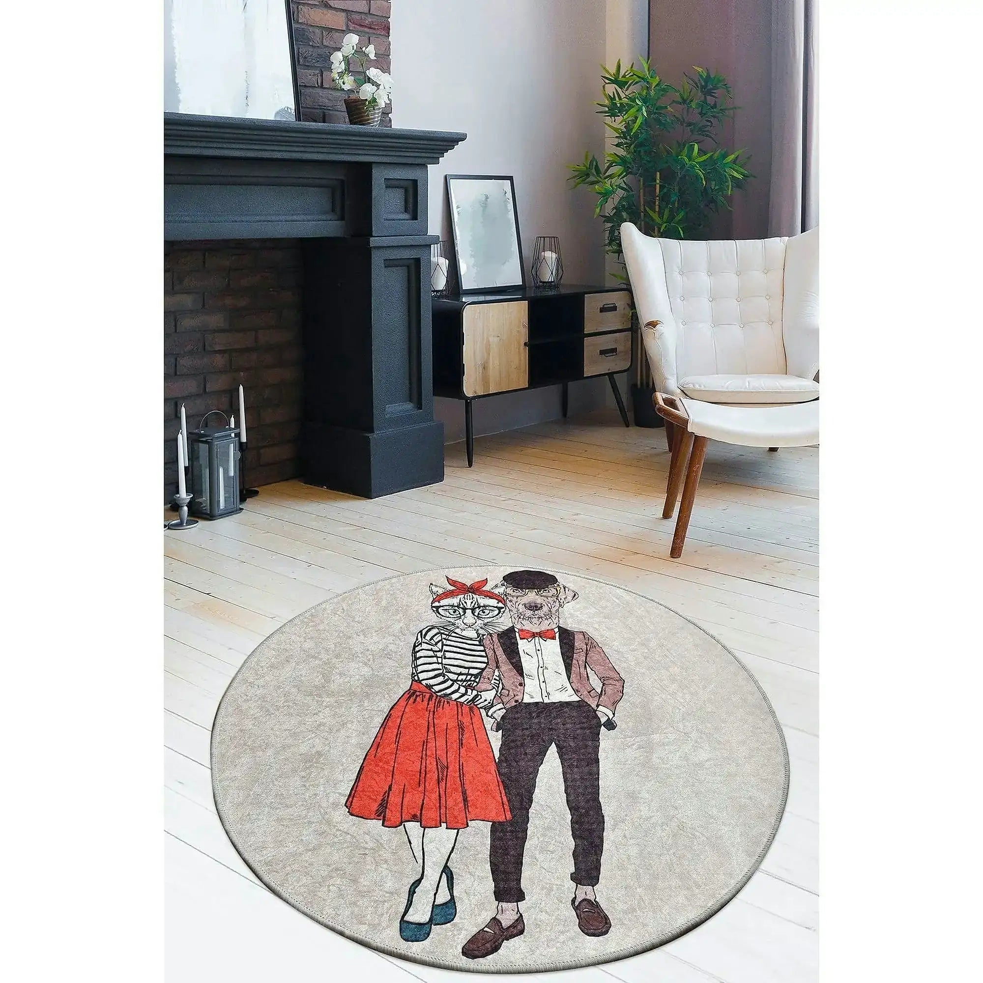 Covor BEST COUPLE, 100x100 cm, forma rotunda, stofa catifelata/poliester, multicolor