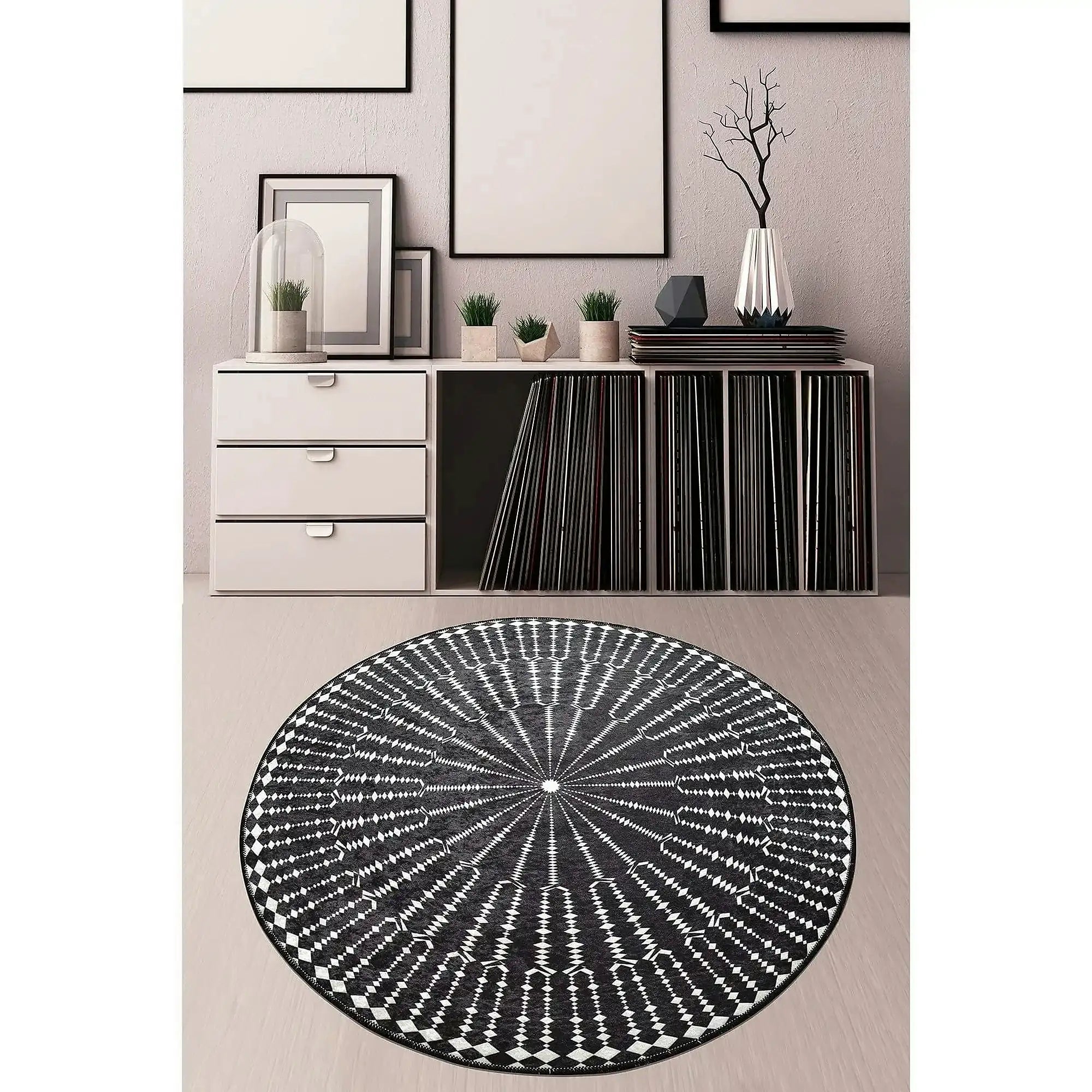 Covor BUIO DJT CAP, 140x140 cm, forma rotunda, tesatura de catifea/poliester, negru/alb