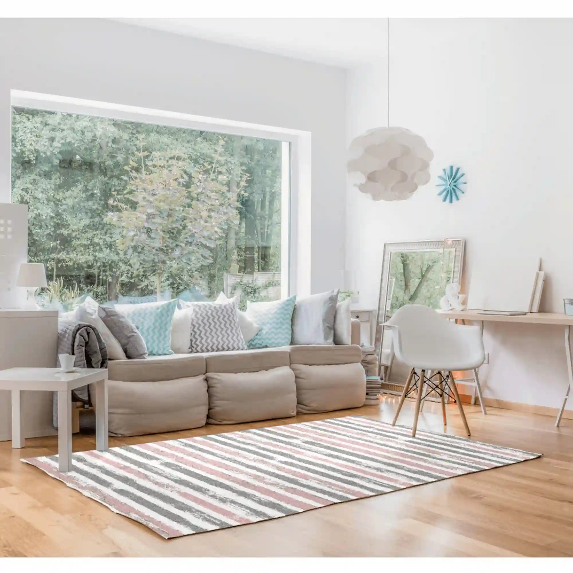 Covor KARAN, 57x90 cm, forma dreptunghiulara, polipropilena, roz/alb/gri