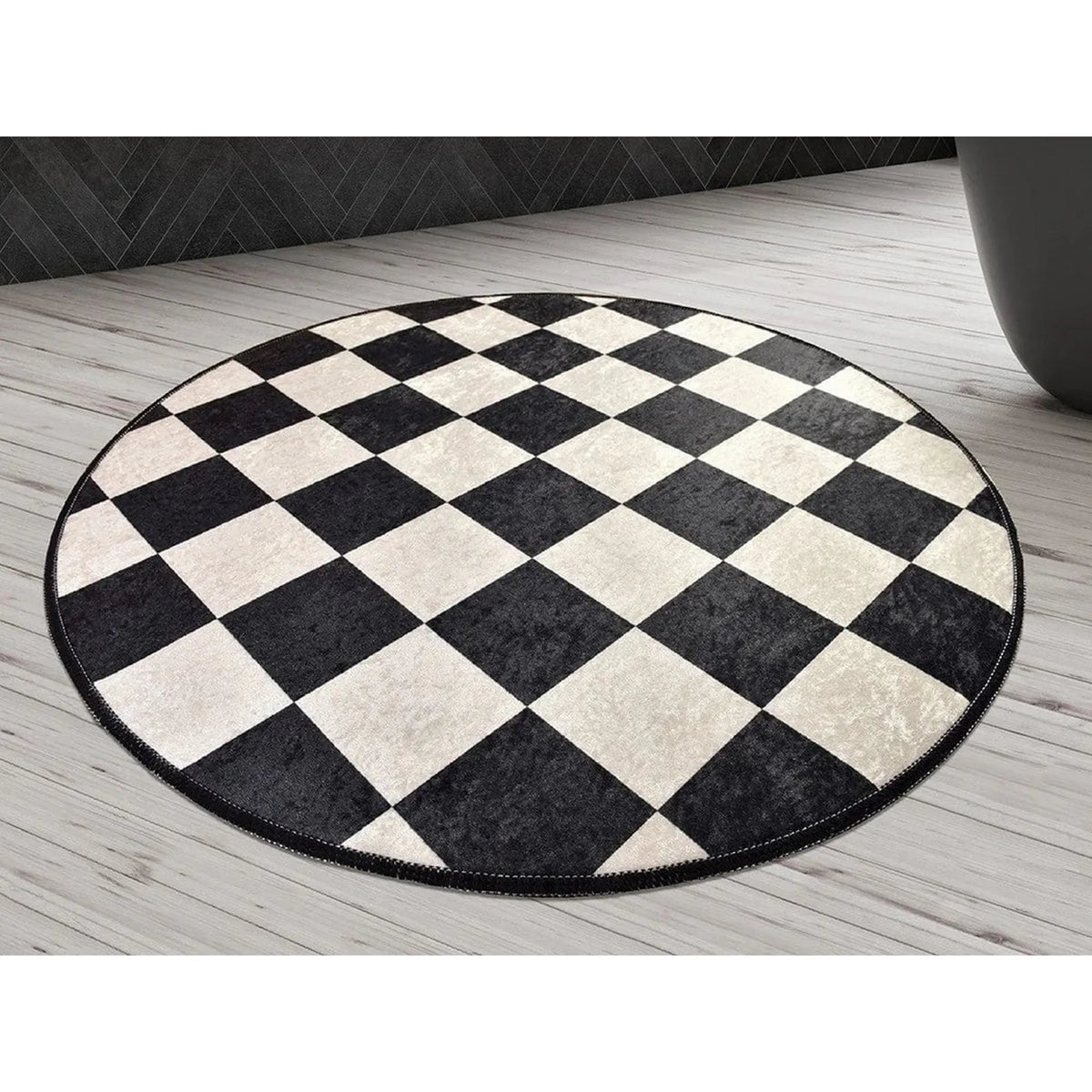 Covoras baie DAMA, 100x100 cm, forma rotunda, poliester, alb/negru