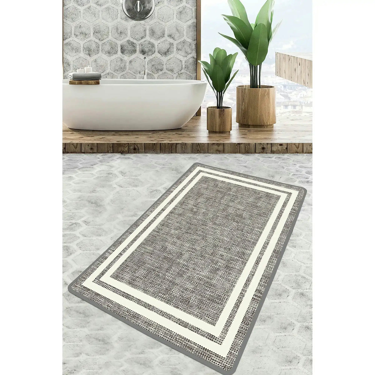 Covoras baie FORMICA DJT, 70x120 cm, forma dreptunghiulara, poliester, bej/alb