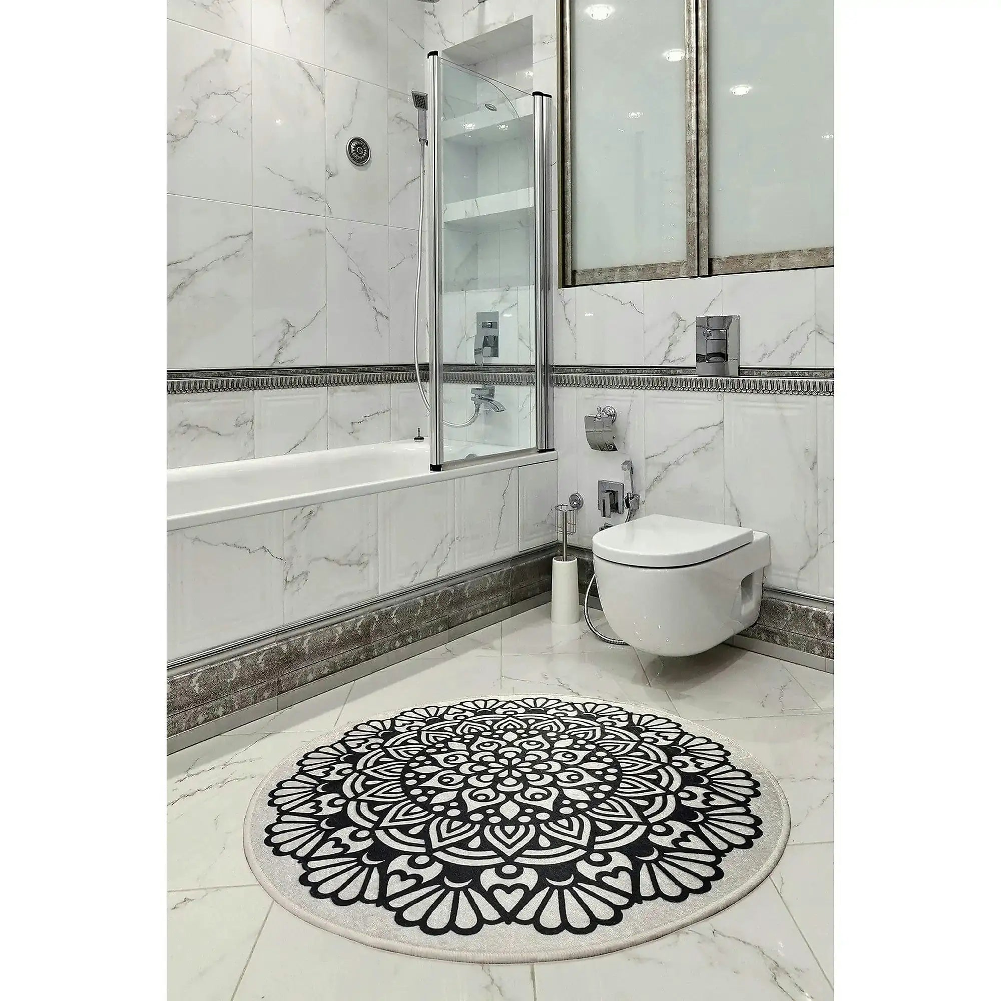 Covoras baie KOZZY, 140x140 cm, forma rotunda, poliester, negru