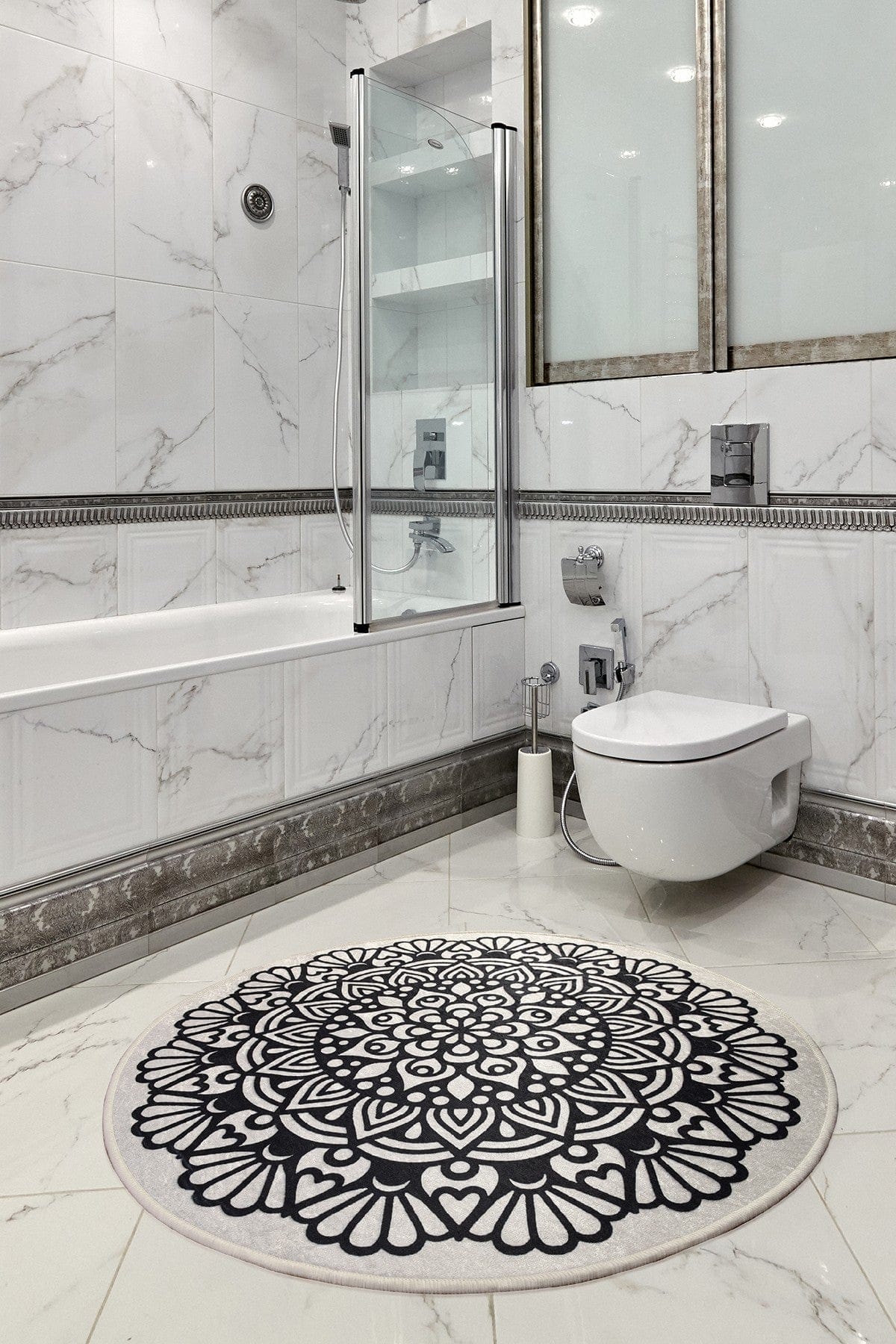 Covoras baie KOZZY, 140x140 cm, forma rotunda, poliester, negru