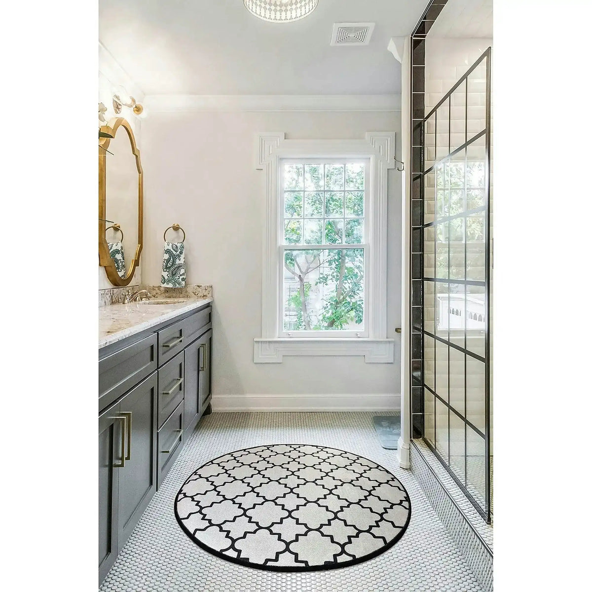 Covoras baie KUPA, 140x140 cm, forma rotunda, poliester, crem/negru