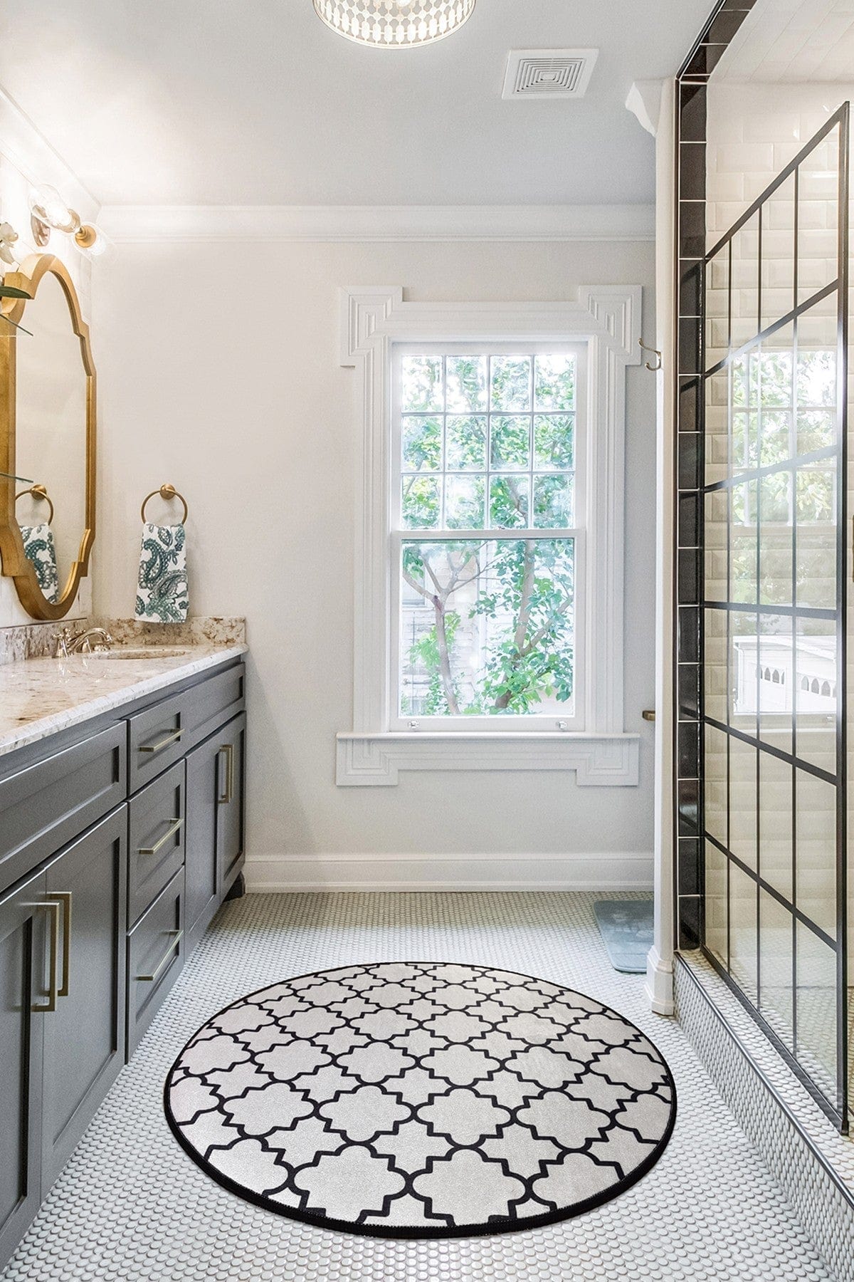 Covoras baie KUPA, 140x140 cm, forma rotunda, poliester, crem/negru