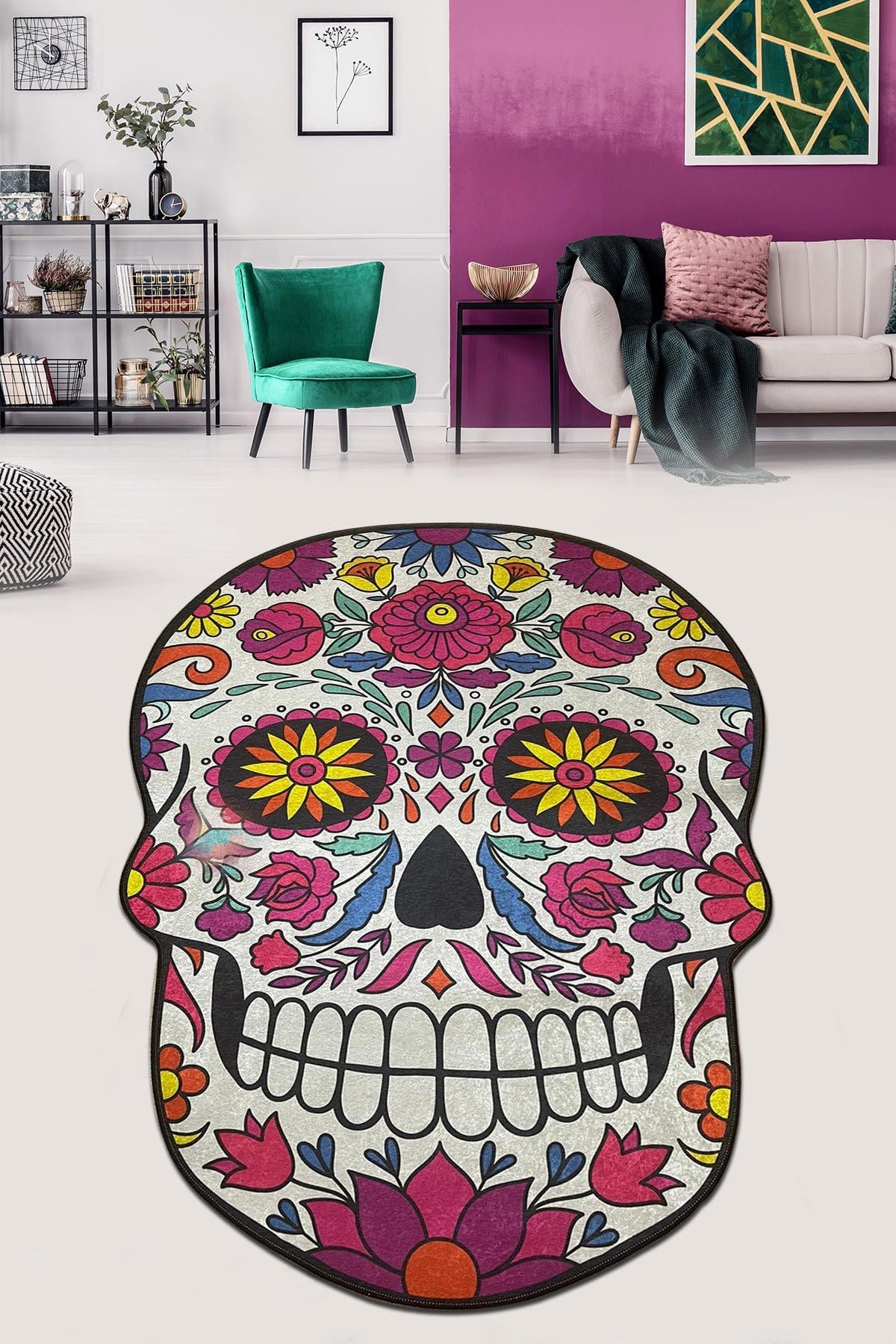 Covoras baie SKULL DJT, 80x100 cm, forma atipica, poliester, multicolor