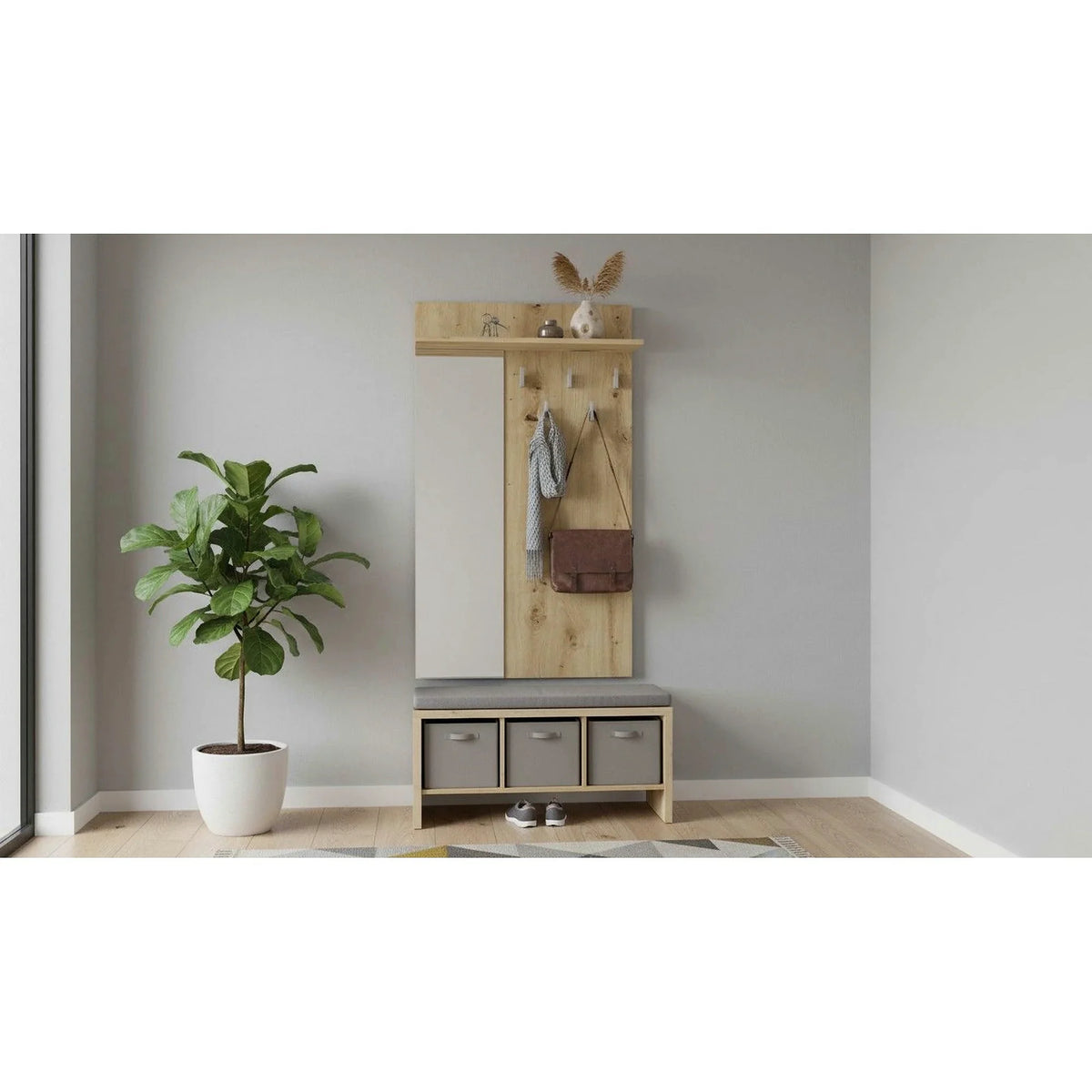 Cuier de perete cu oglinda LIMA PR-1, stejar artisan, PAL laminat, 70x20x120 cm