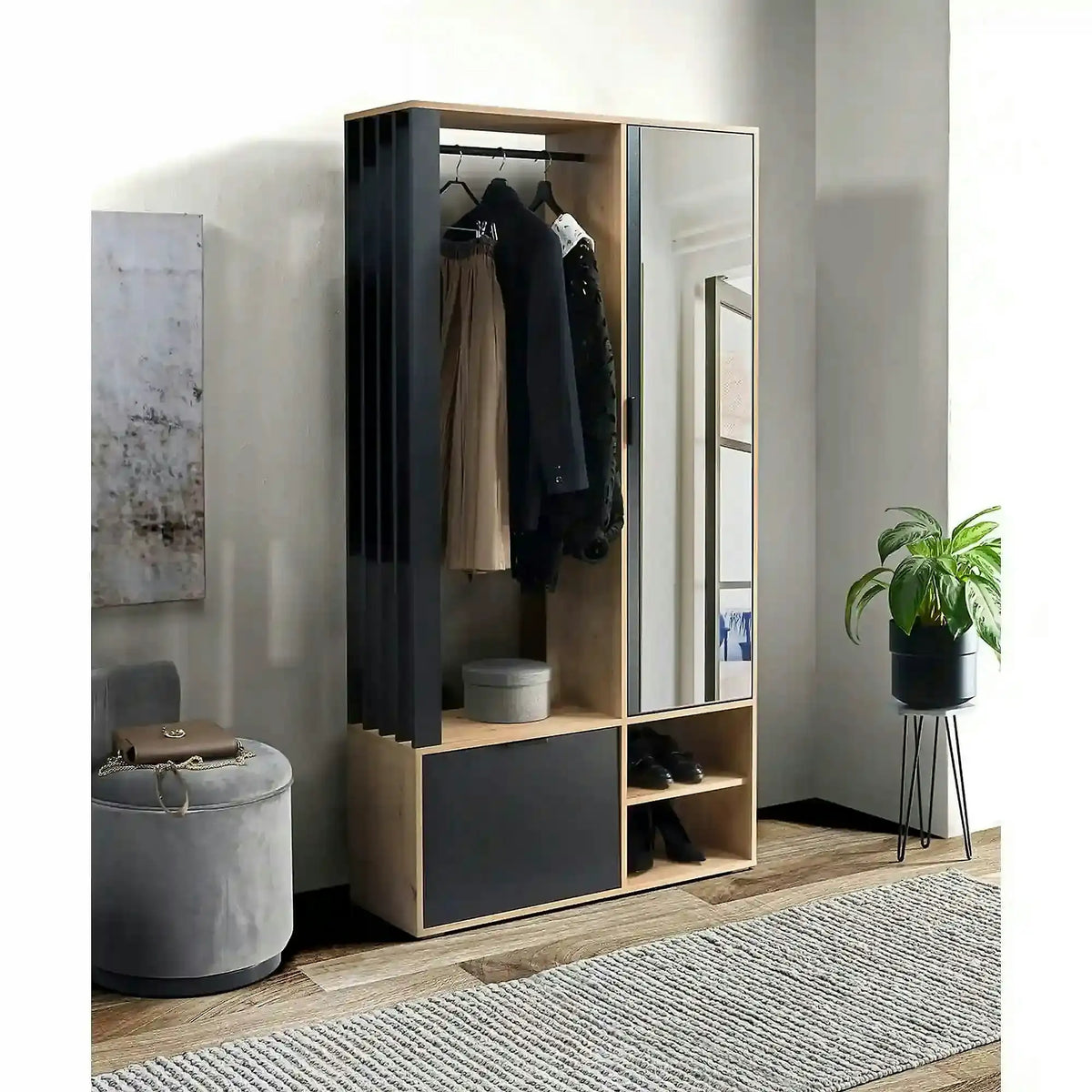 Cuier mobila hol MILO, stejar artisan/negru, PAL laminat/metal, 100x33x189 cm
