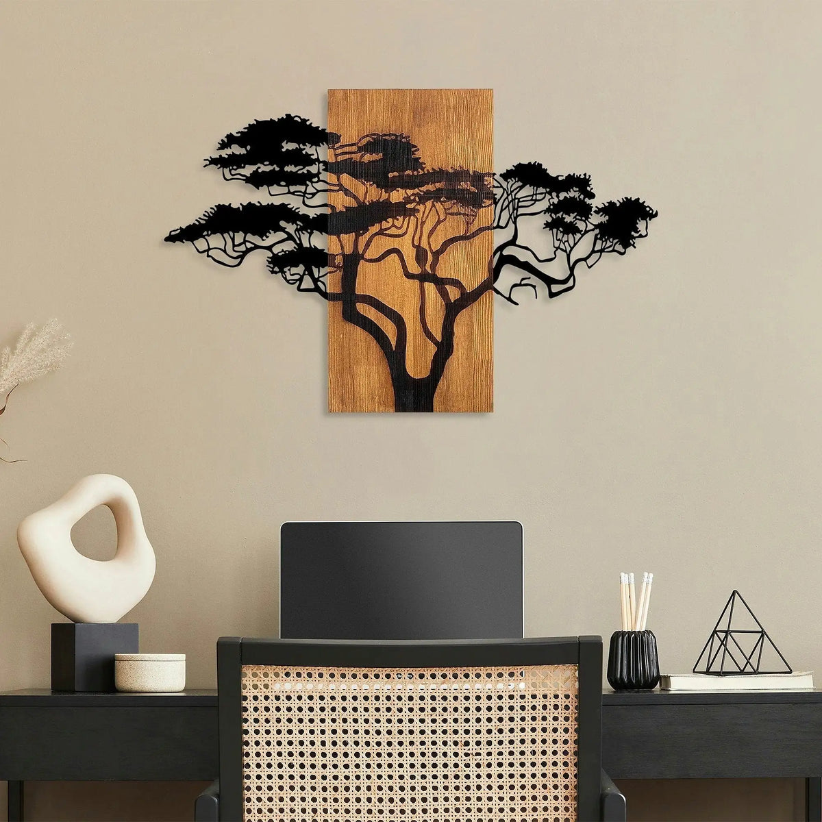 Decoratiune perete 891TNL3152, stejar/negru, lemn/metal, 90x58 cm