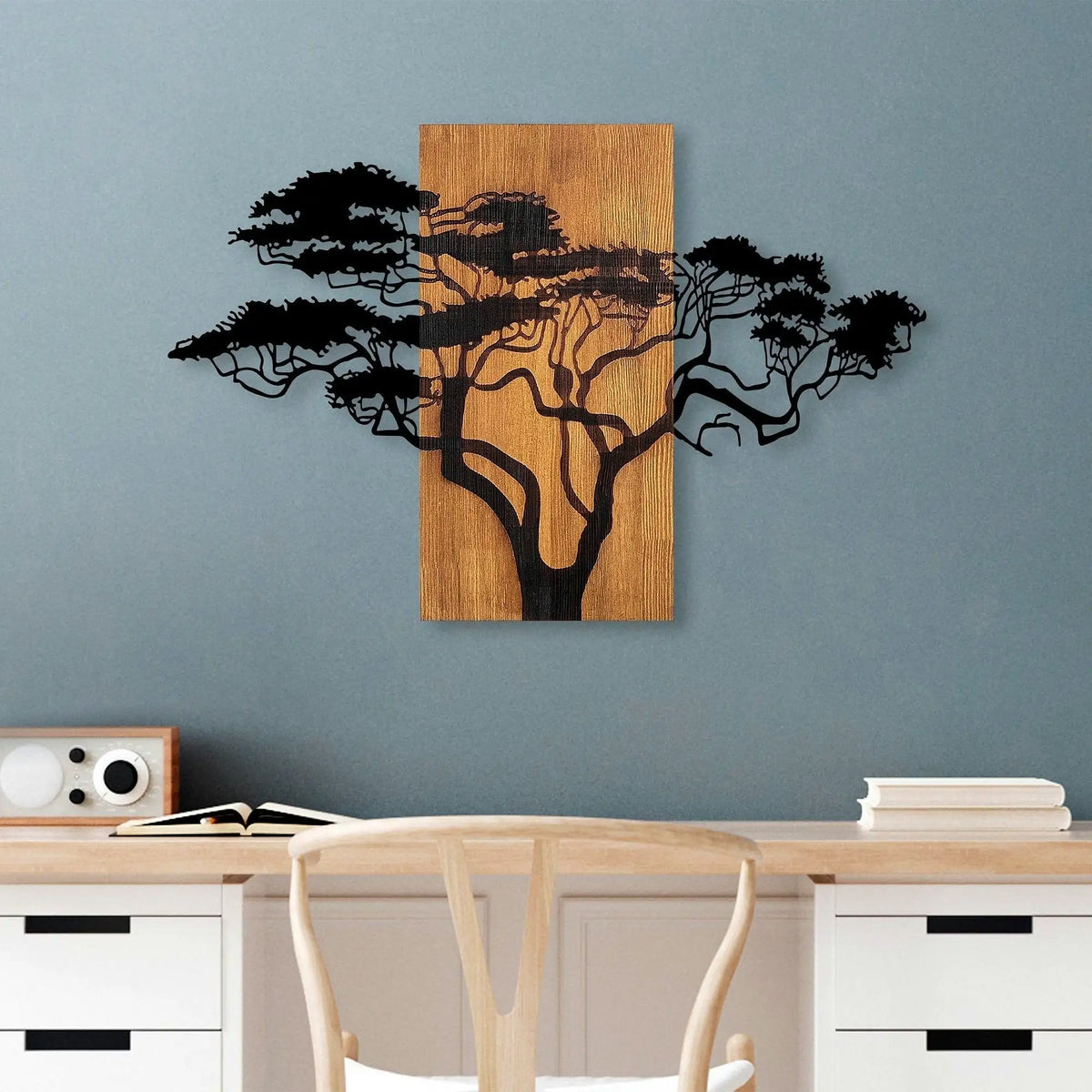 Decoratiune perete 891TNL3152, stejar/negru, lemn/metal, 90x58 cm