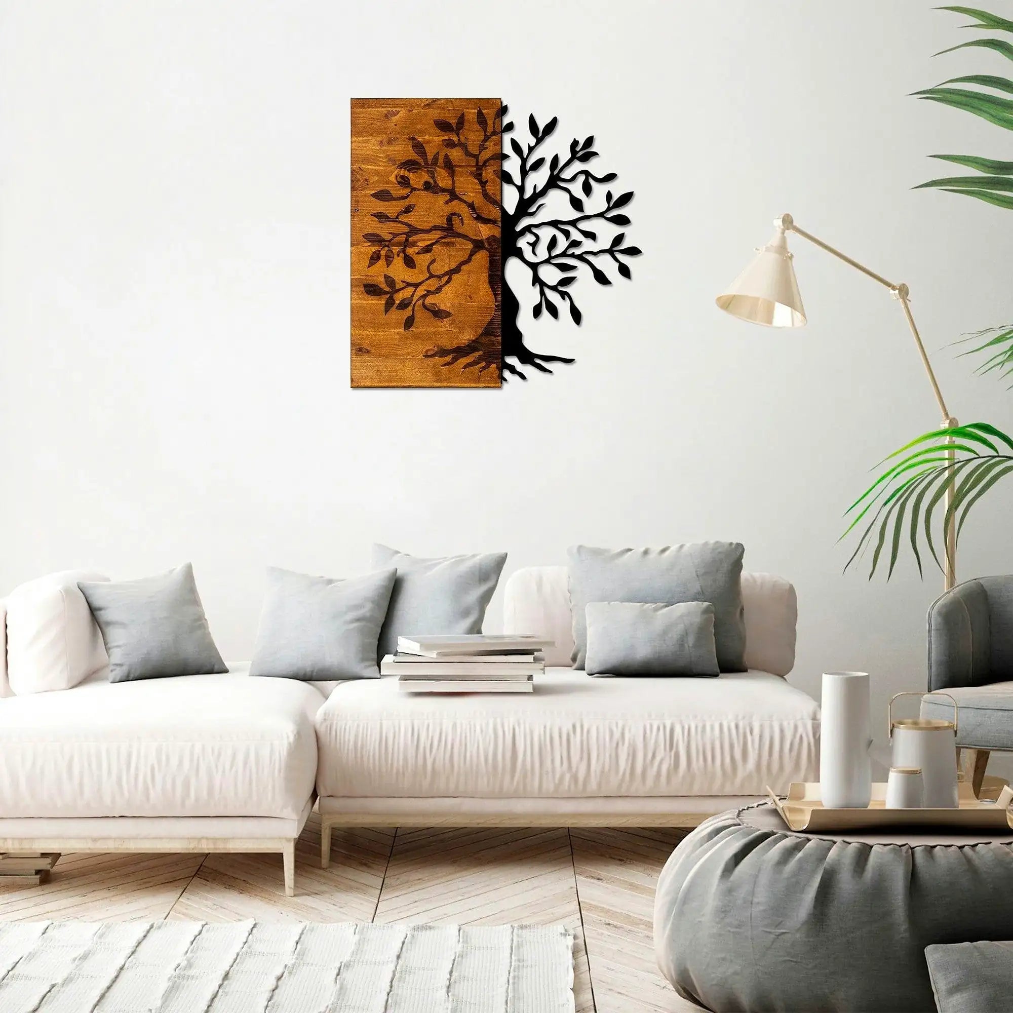 Decoratiune perete AGAC, stejar/negru, lemn/metal, 58x58 cm