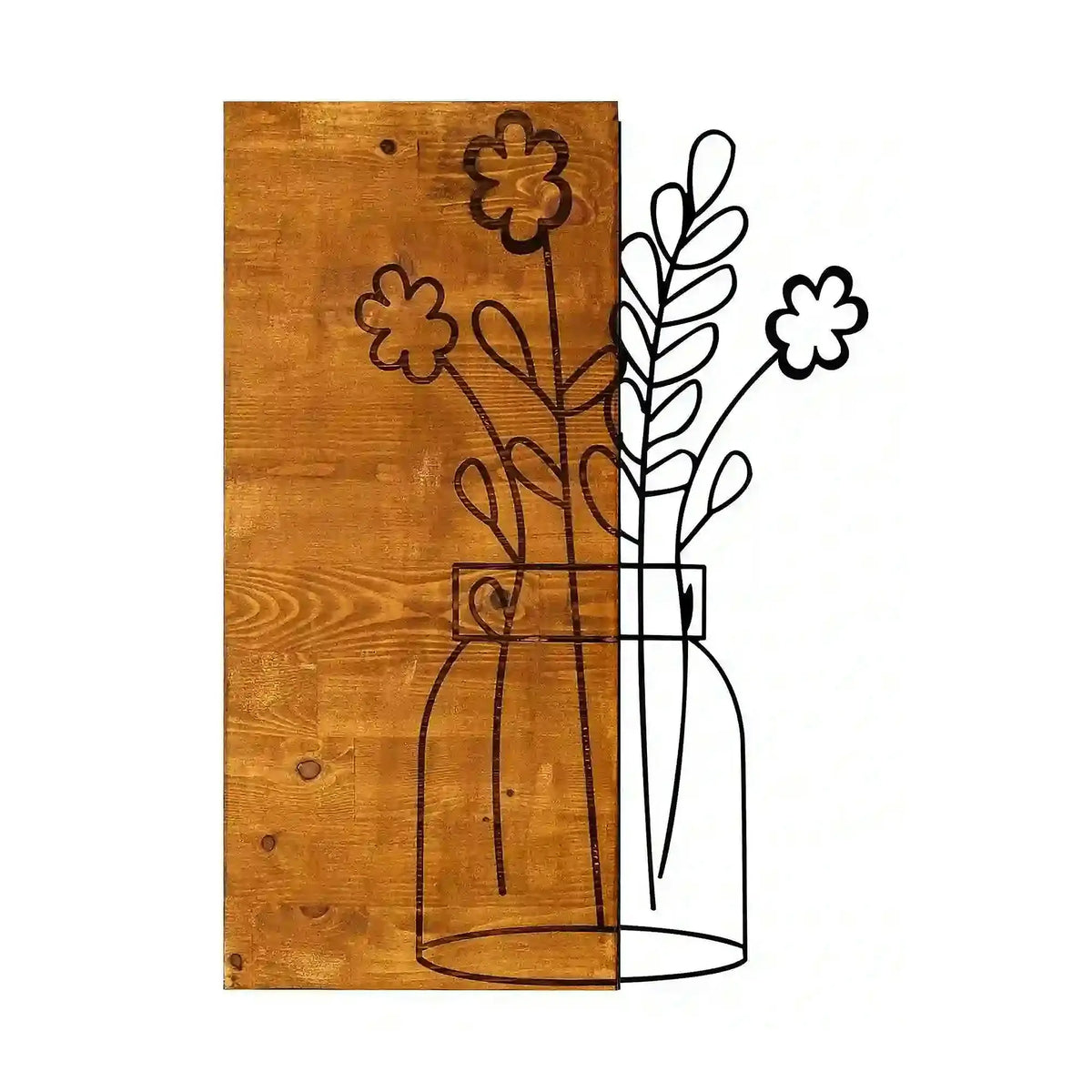 Decoratiune perete CICEK2, stejar/negru, lemn/metal, 41x58 cm