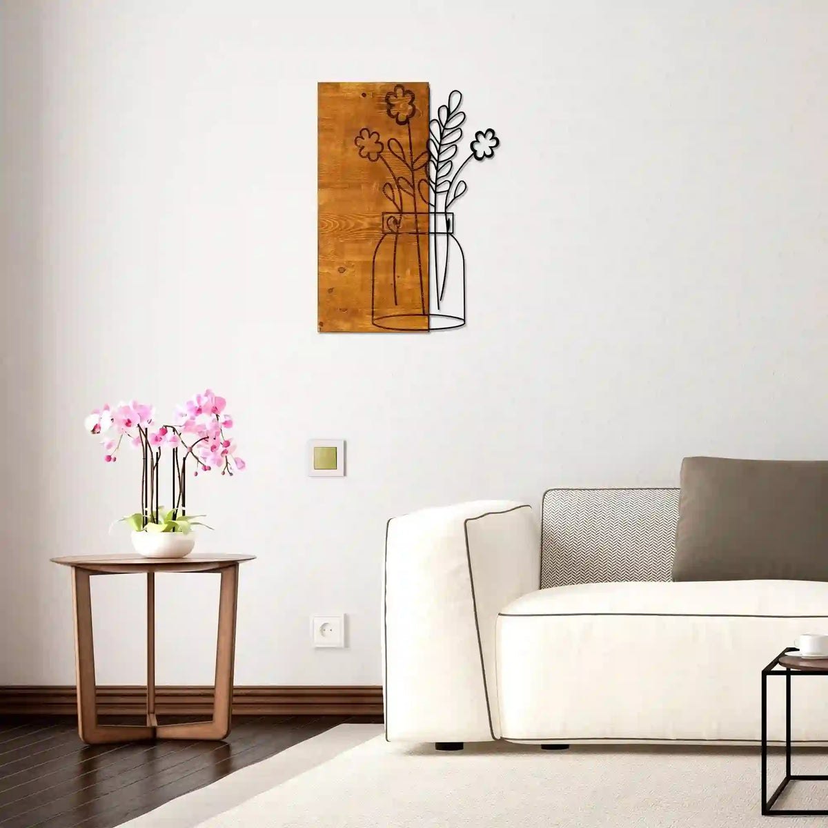 Decoratiune perete CICEK2, stejar/negru, lemn/metal, 41x58 cm