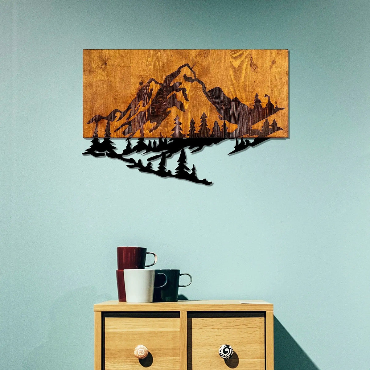 Decoratiune perete DAG 2, stejar/negru, lemn/metal, 58x3x38