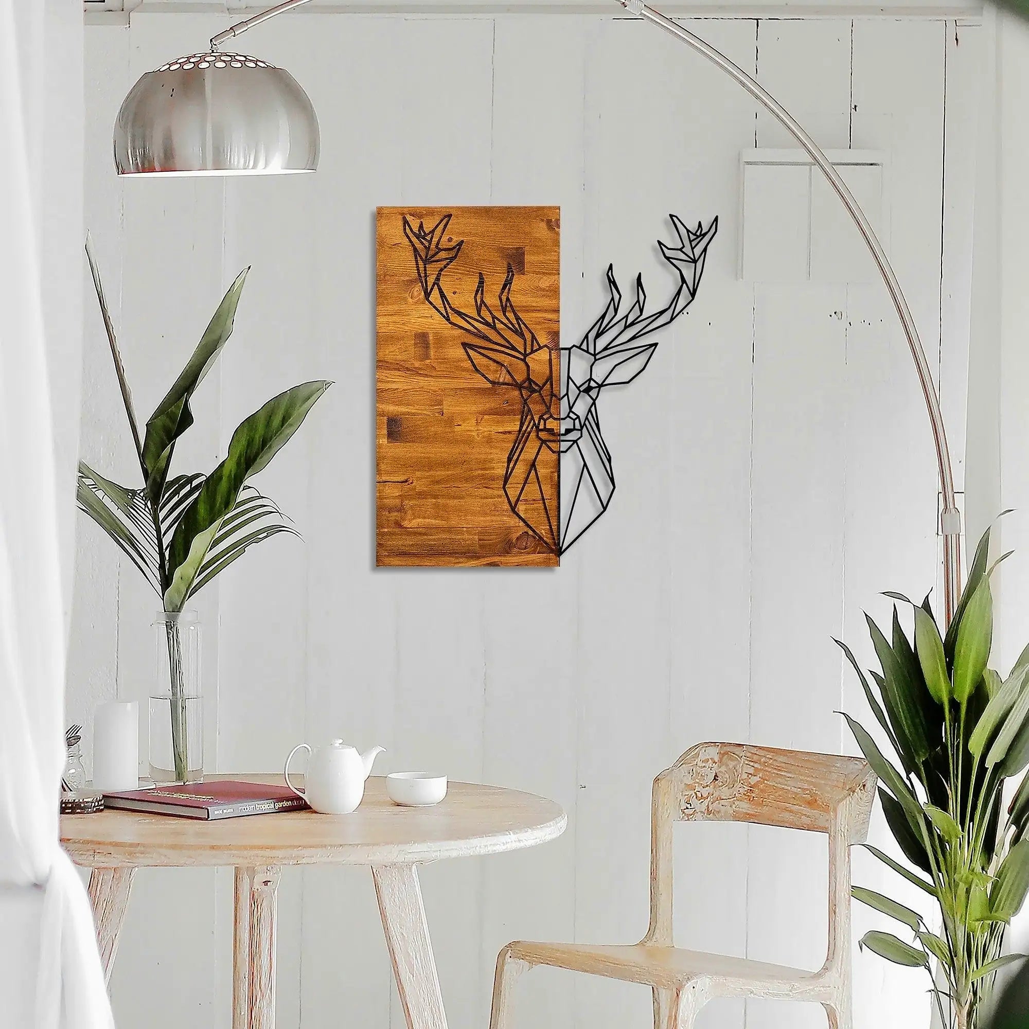Decoratiune perete DEER1, stejar/negru, lemn/metal, 56x3x58 cm