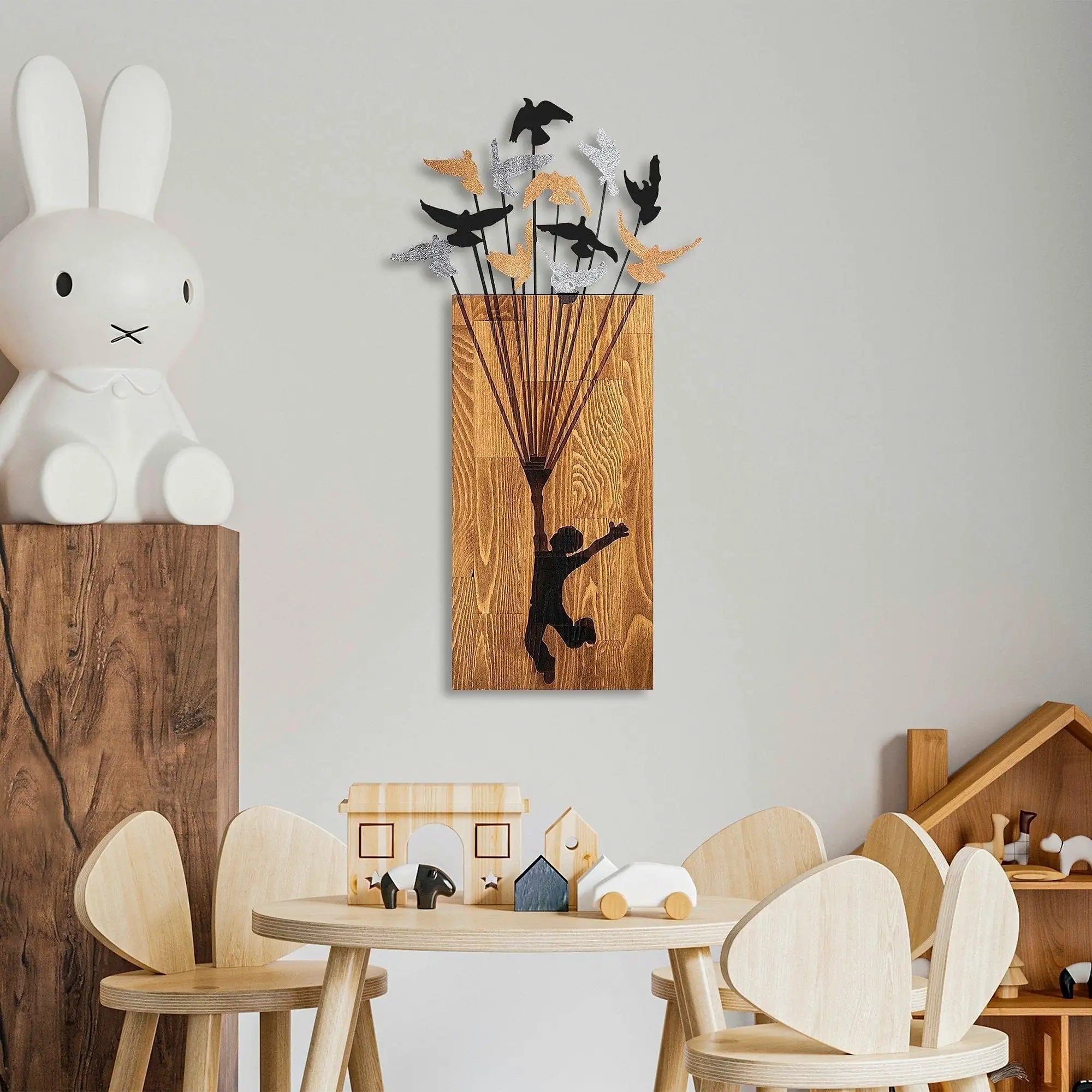 Decoratiune perete FLYING BOY 2, stejar/negru, lemn/metal, 45x86 cm