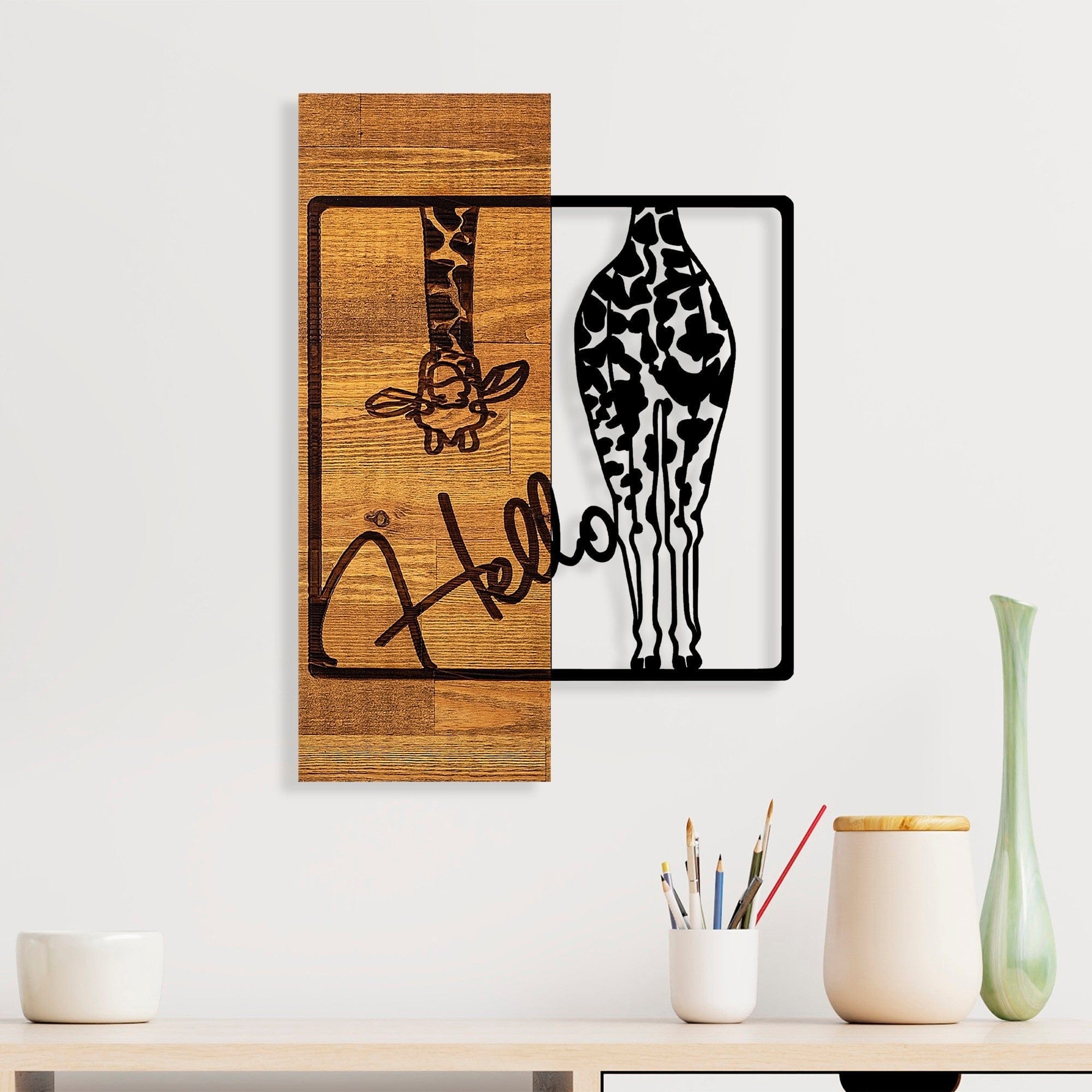 Decoratiune perete HELLO, negru/stejar, metal/lemn, 35x3x50 cm