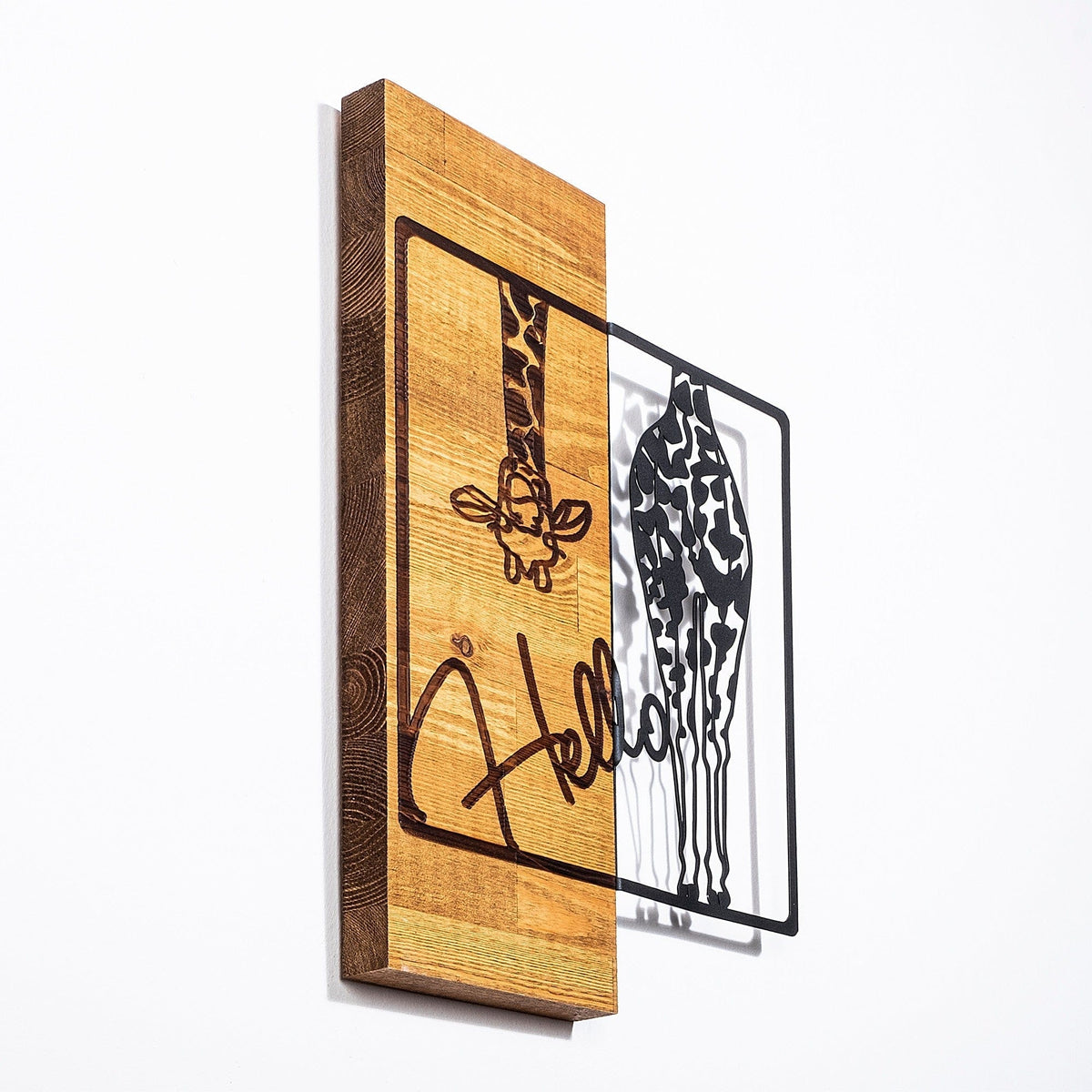 Decoratiune perete HELLO, negru/stejar, metal/lemn, 35x3x50 cm