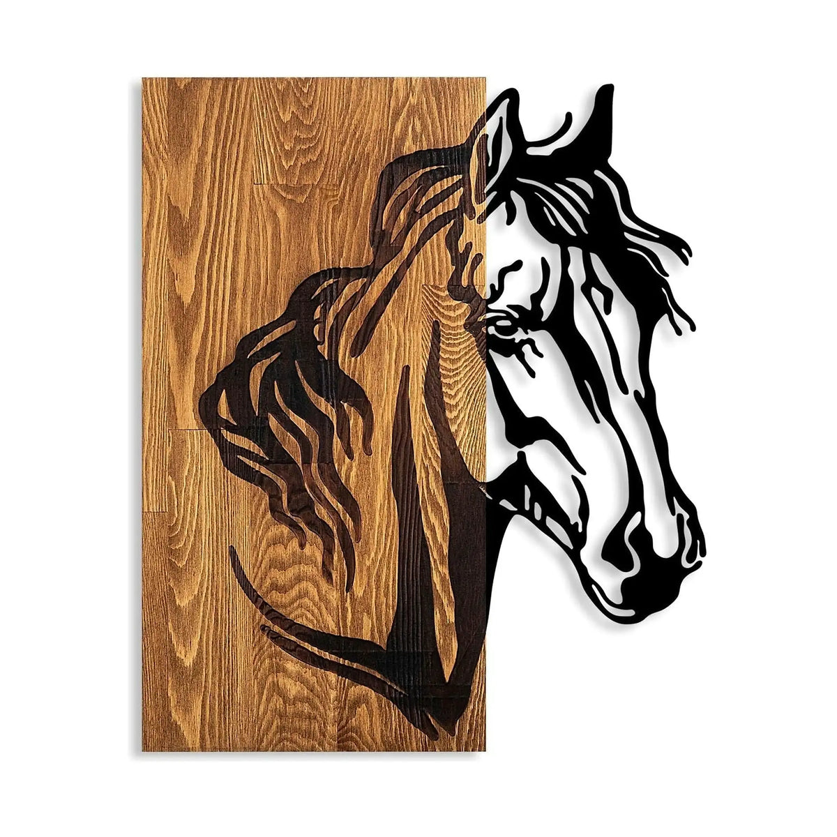 Decoratiune perete HORSE 1, stejar/negru, lemn/metal, 48x57 cm